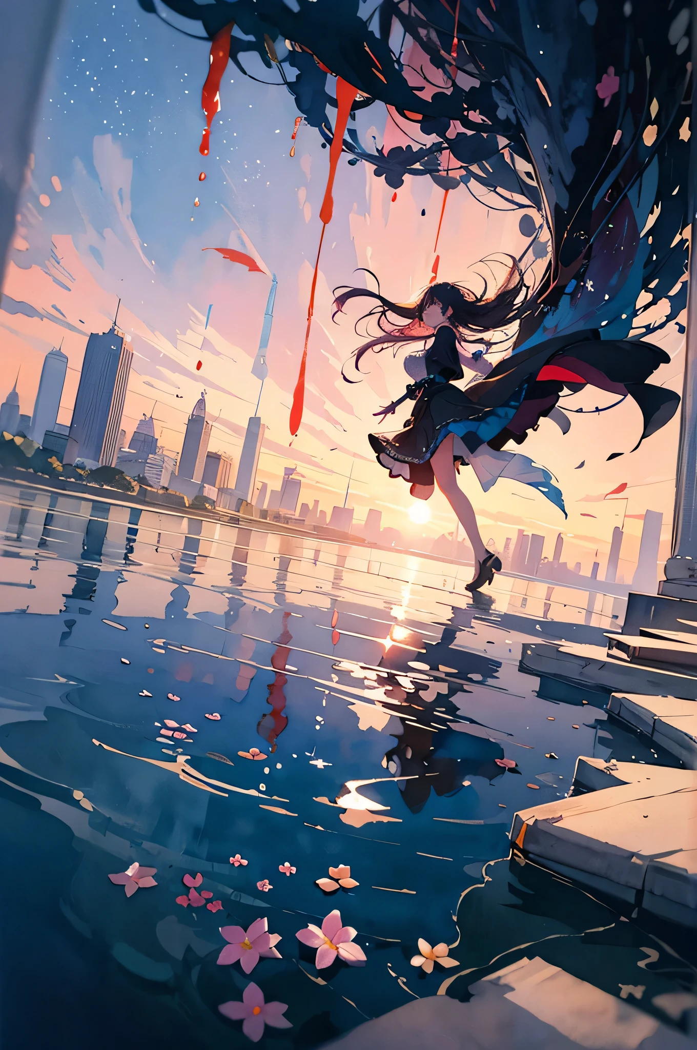 the city that never sleeps、Watercolor Touch、Bleeding、a woman , luminous design, pastel colours, ink drips, spring lights,Artistic,black and オレンジ、
