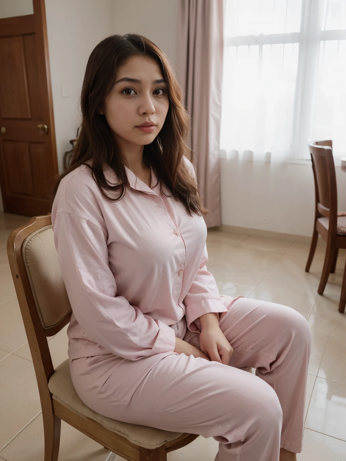 (extremely detailed, best quality) Zahra Ayu 23 years old 160cm 55kg wearing pink pajamas, short wavy hair. Bright face. sit in a chair inside a room. Big breast jumbo. bright photo. Poor lady. Ugly house.