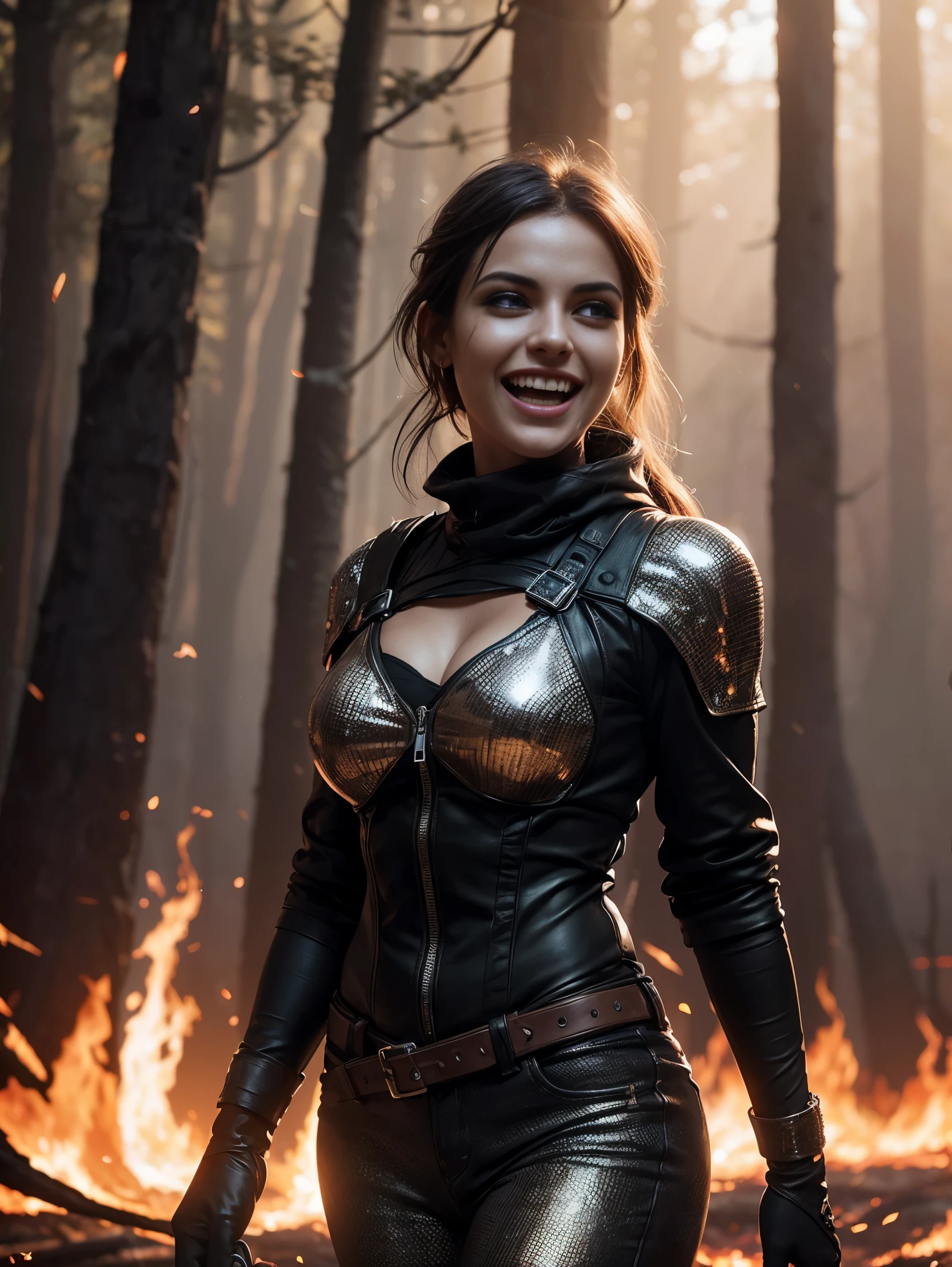 Scene from Movie, an ultra hot gorgeous European Woman, age 23, full body shot, she’s the death, (((laughing out loud))), (((She walks into a forest fire))). Distorted Space, Distorted Undead in the Background, Lens Flares, Light Shafts, Intricate Details, High Detailed, Volumetric Lighting, 4k Rendering, Stock Photo, Hyper-Realistic, Realistic Textures, Dramatic Lighting, Unreal Engine, lots of sparkles, fire, heavy smoke.