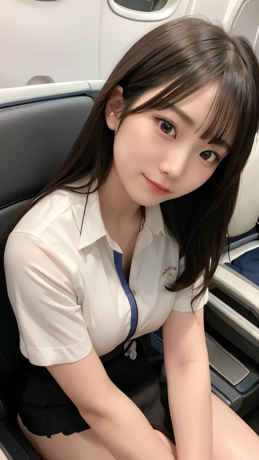 highres, ultra detailed, photorealistic, 1 beautiful Japanese cabin attendant, highly detailed beautiful face, medium hair, The beholder's gaze,  panties, bra,  (sitting with legs spread), (Inside the Airplane: 1.2)