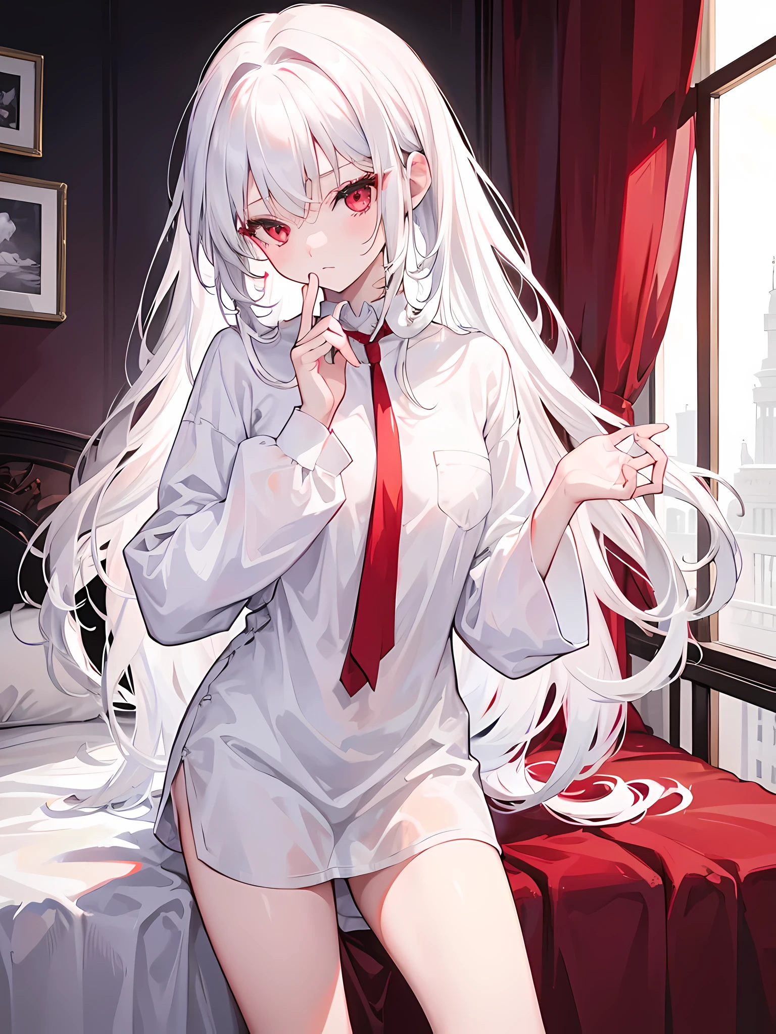 1girl, long white hair, red crimson eyes, wearing white big shirt, no pants, in the bedroom, sexy, no missing fingers, high resolution, 8K, looking at viewer