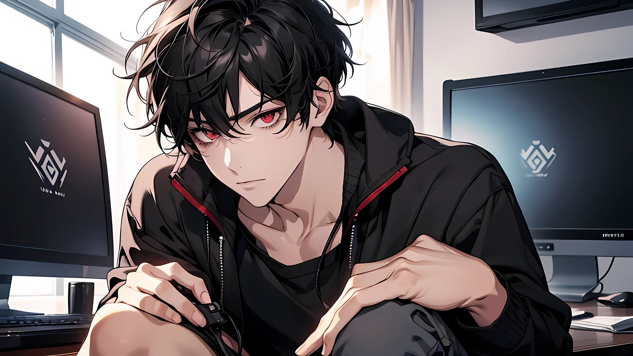 Best quality: 1.0), (Super High Resolution: 1.0), Anime boy, short black hair, red eyes, detailed eyes, detailed nose, detailed face, sitting in front of the computer playing games, background in the dirty room