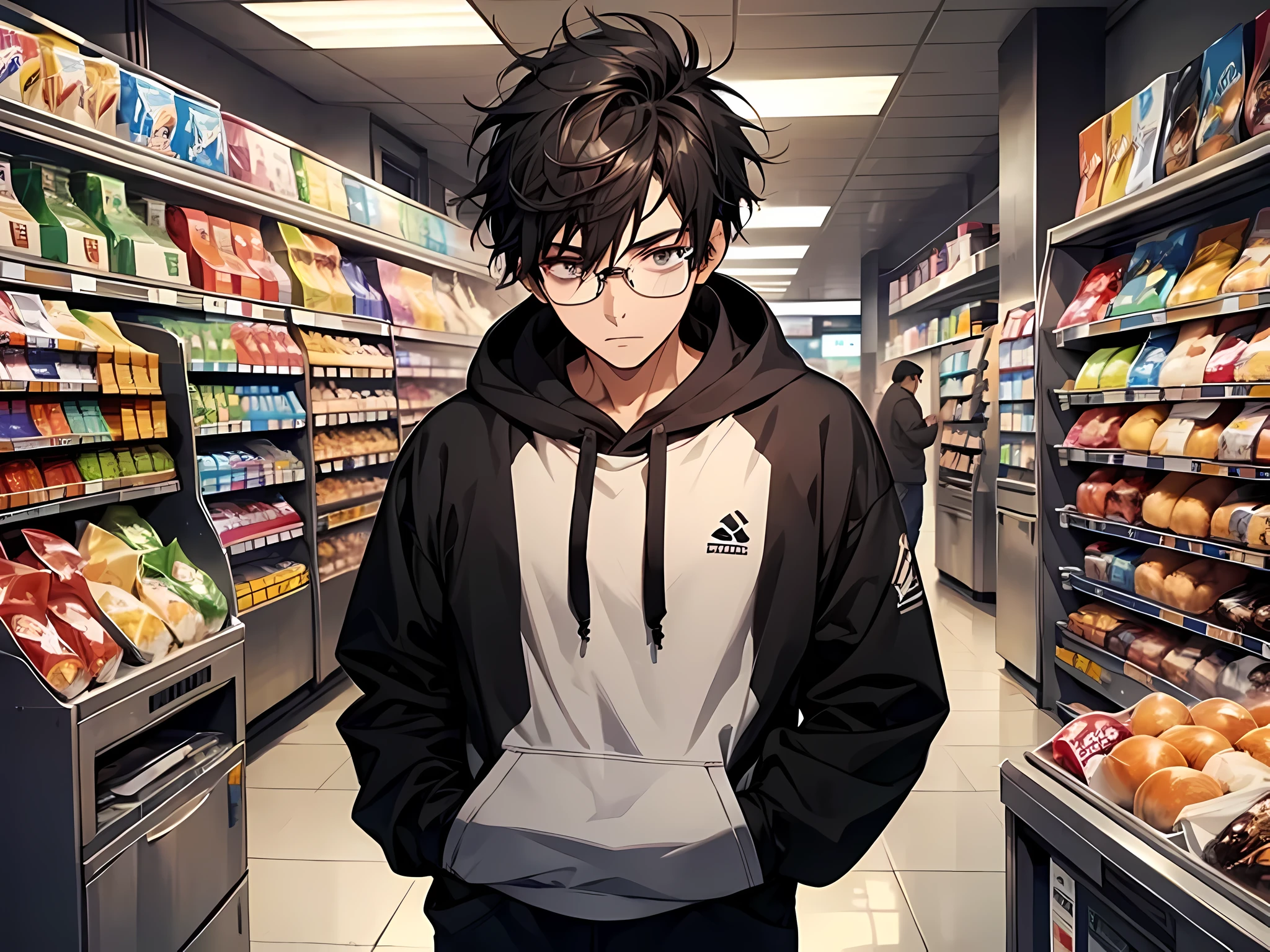 1 man, wearing white glasses, wearing hoodie, black hair, messy hair, short hair, standing in cashier, face to detail, detailed eyes, the background is convenience store, half-body illustration