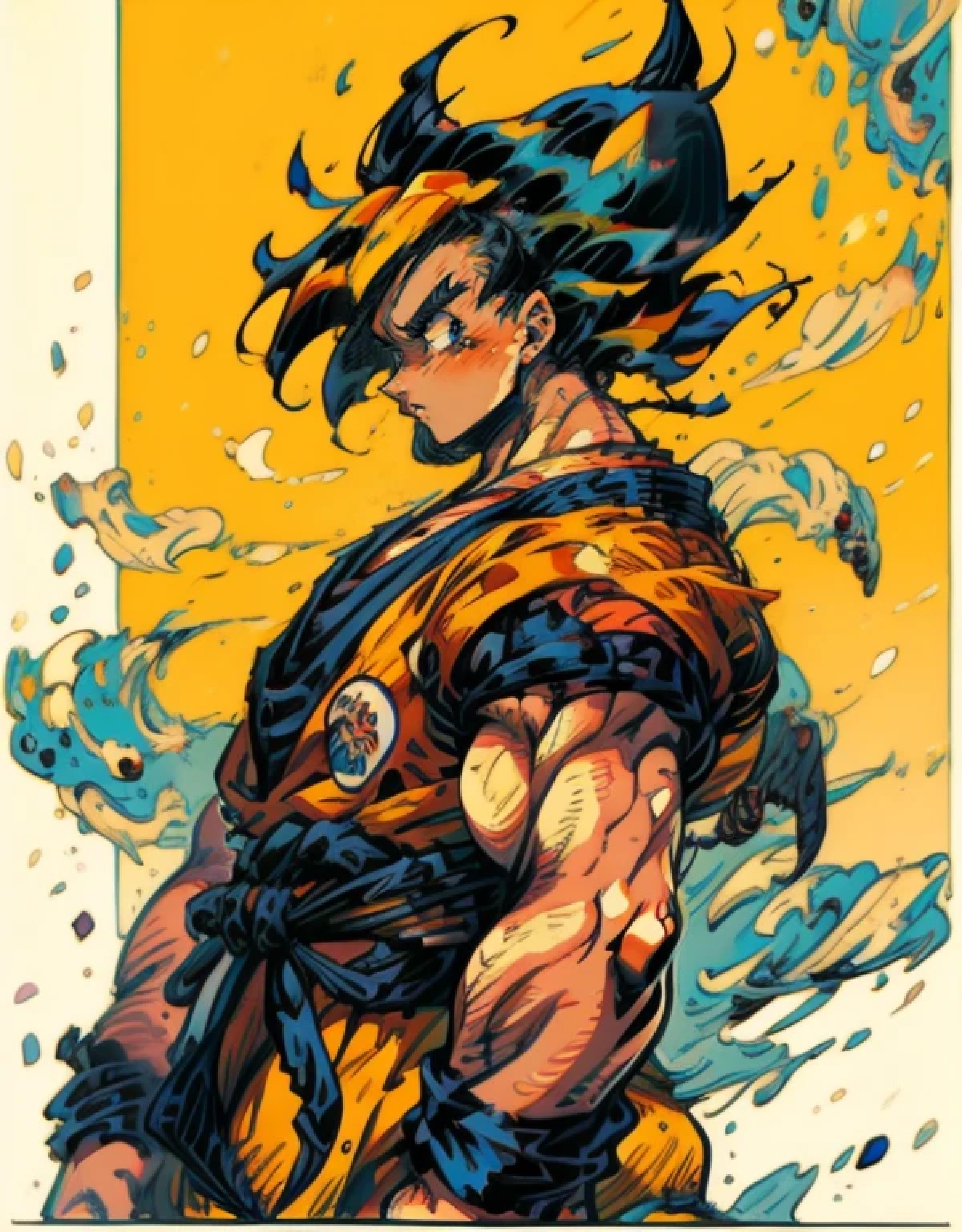 (masterpiece), best quality, ultra-detailed, Goku from Dragon Ball Z wearing fashion clothes, Retro style, front view, dynamic view, UHD, 4K, wallpaper
