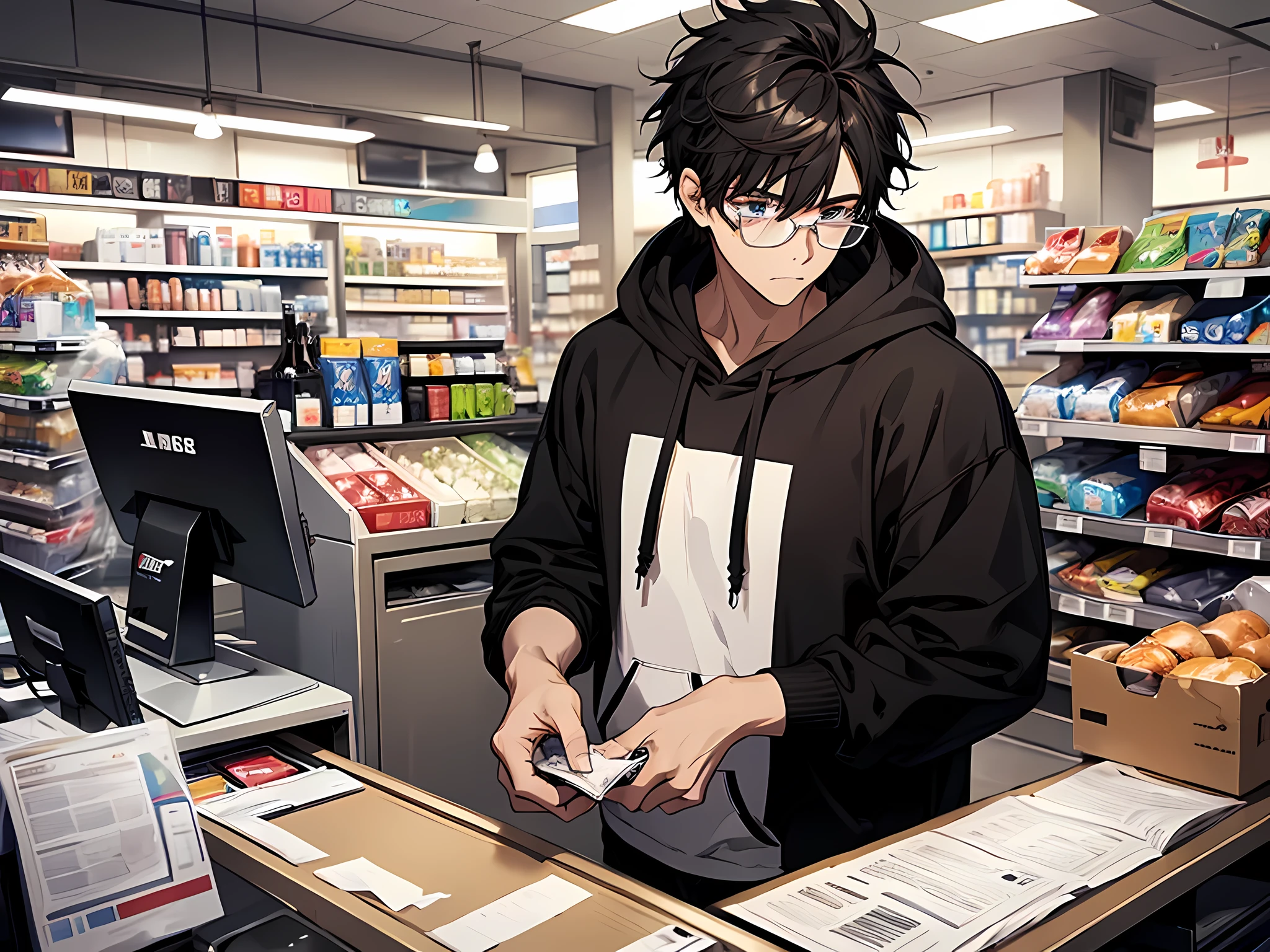1 man, wearing white glasses, wearing hoodie, black hair, messy hair, short hair, standing in cashier, face to detail, detailed eyes, the background is cashier convenience store, half-body illustration
