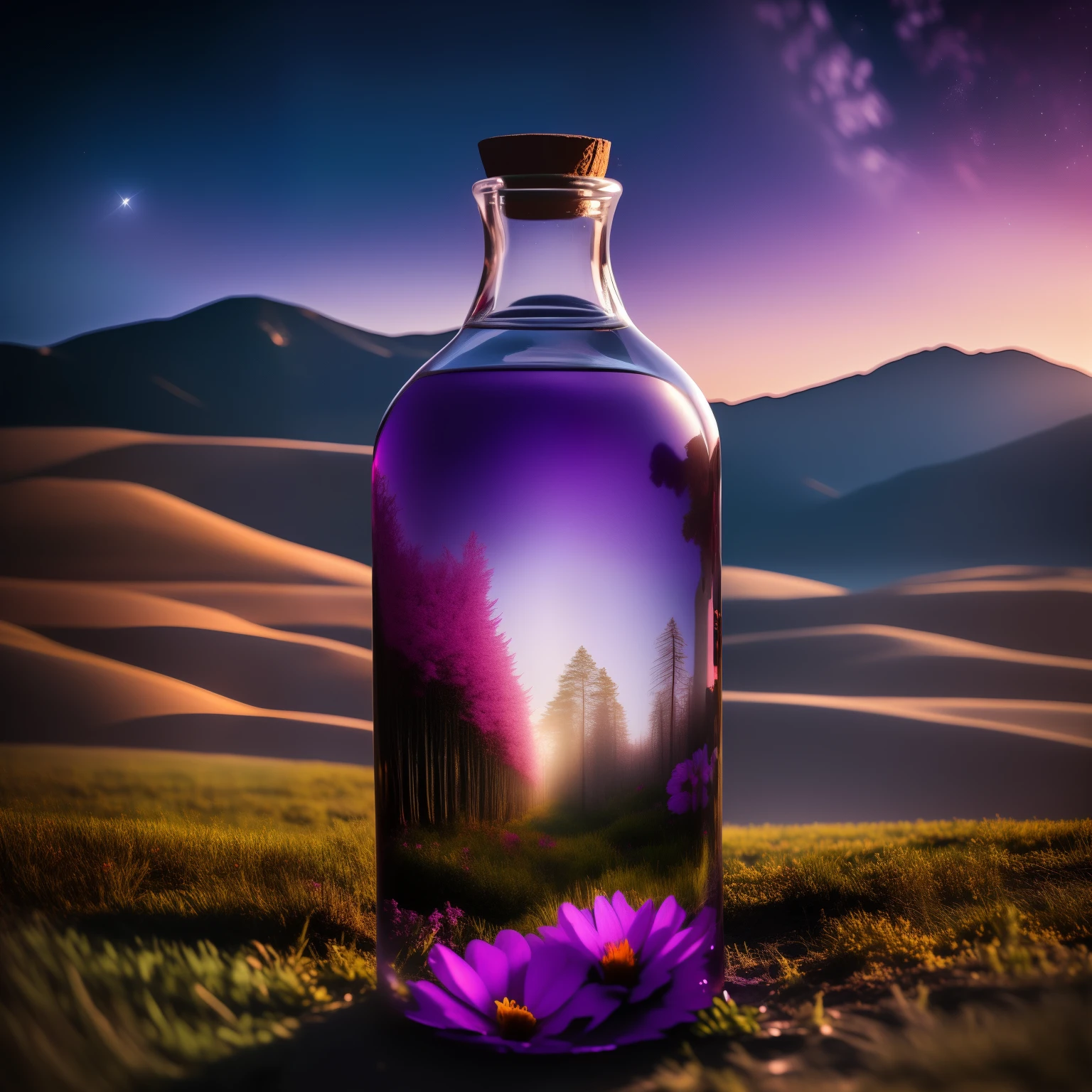 Blue bottle，Inside is a picture of the entire forest, The sun fills the forest，There is a meadow full of flowers in the bottle