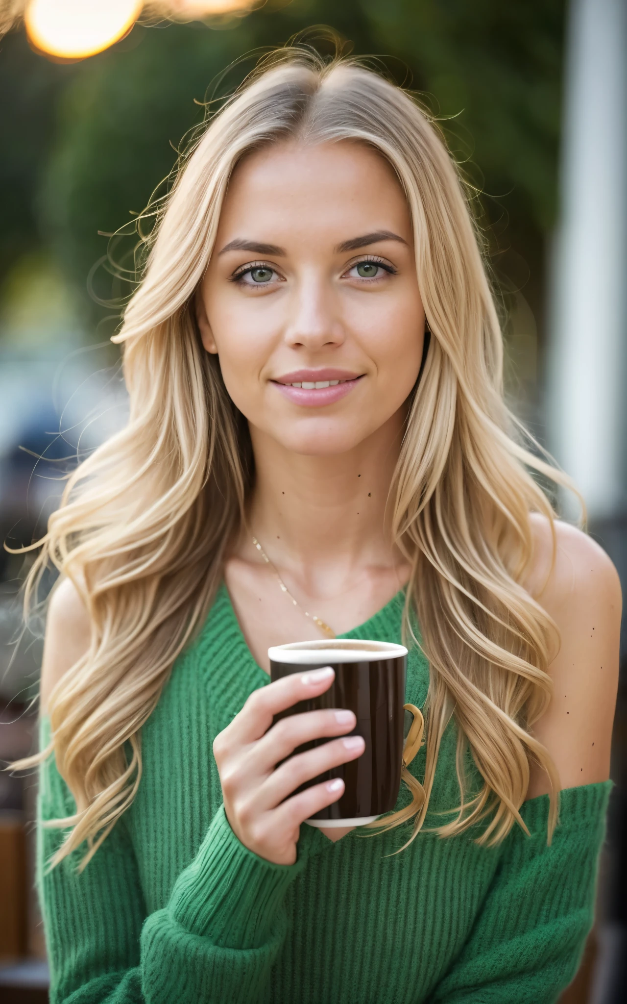 (Helena Lovista) photo of a stunning beautiful woman, 24 years old, perfect fit body, big green eyes, long messy windy blonde hair, green eyes, beautiful blonde wearing beige sweater (sipping coffee inside a modern café at sunset), very detailed, 24 years old, innocent face, natural wavy hair, green eyes, high resolution, masterpiece, best quality, intricate details, highly detailed, sharp focus, detailed skin, realistic skin texture, texture, detailed eyes, professional, 4k, charming smile, shot on Canon, 85mm, shallow depth of field, kodak vision color, perfect fit body, extremely detailed, foto_\(ultra\), photorealistic, realistic, post-processing, maximum detail, roughness, real life, ultra realistic, photorealism, photography, 8k uhd, photography