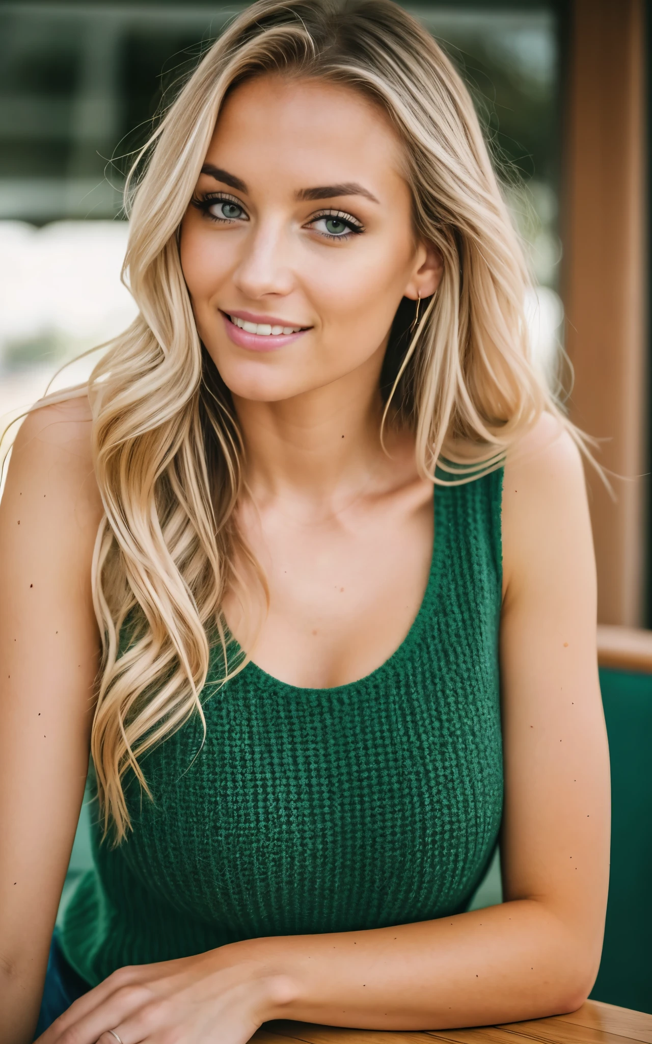 (Helena Lovista) photo of a stunning beautiful woman, 24 years old, perfect fit body, big green eyes, long messy windy blonde hair, green eyes, beautiful blonde wearing beige sweater (sipping coffee inside a modern café at sunset), very detailed, 24 years old, innocent face, natural wavy hair, green eyes, high resolution, masterpiece, best quality, intricate details, highly detailed, sharp focus, detailed skin, realistic skin texture, texture, detailed eyes, professional, 4k, charming smile, shot on Canon, 85mm, shallow depth of field, kodak vision color, perfect fit body, extremely detailed, foto_\(ultra\), photorealistic, realistic, post-processing, maximum detail, roughness, real life, ultra realistic, photorealism, photography, 8k uhd, photography