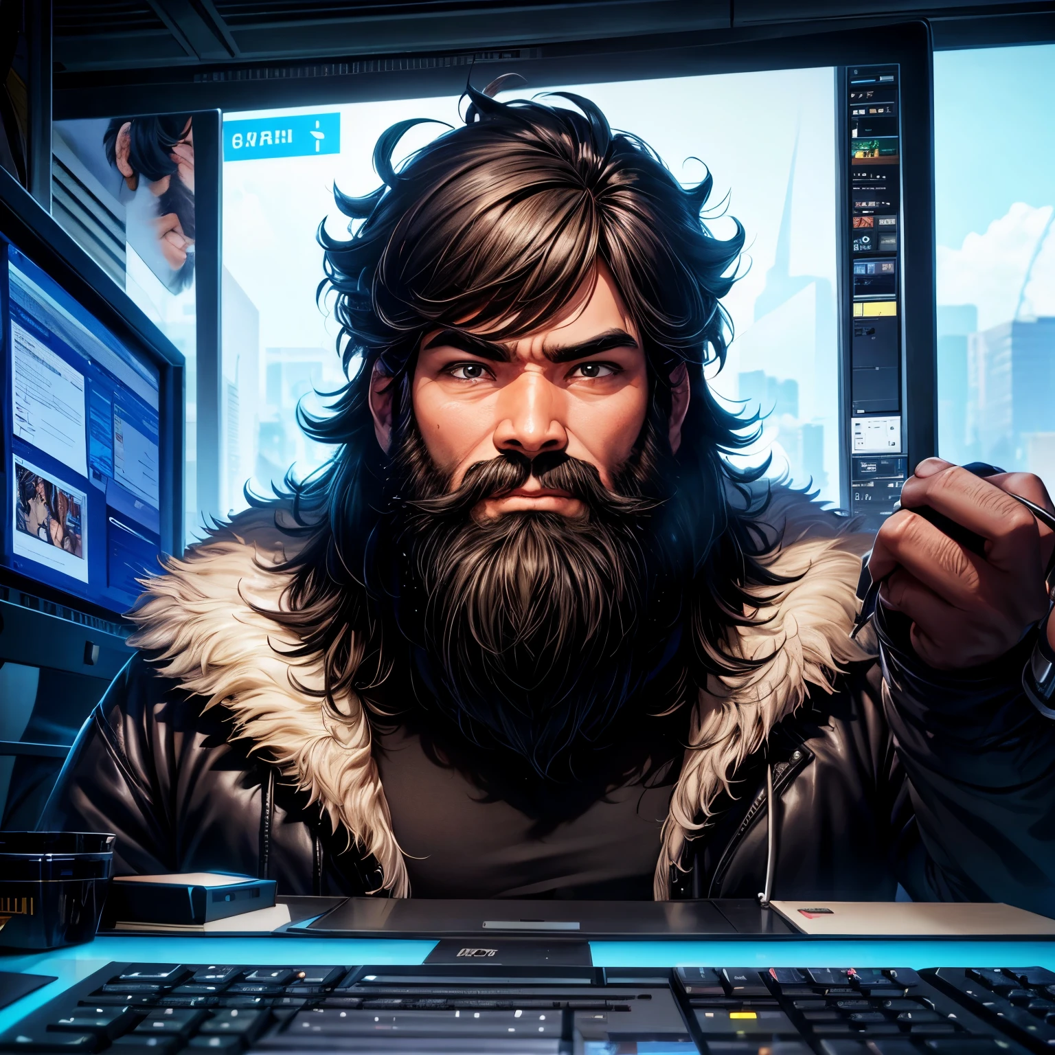male、Mambang Hair、gorilla face、video creator、Working on a computer、Music lover、beard