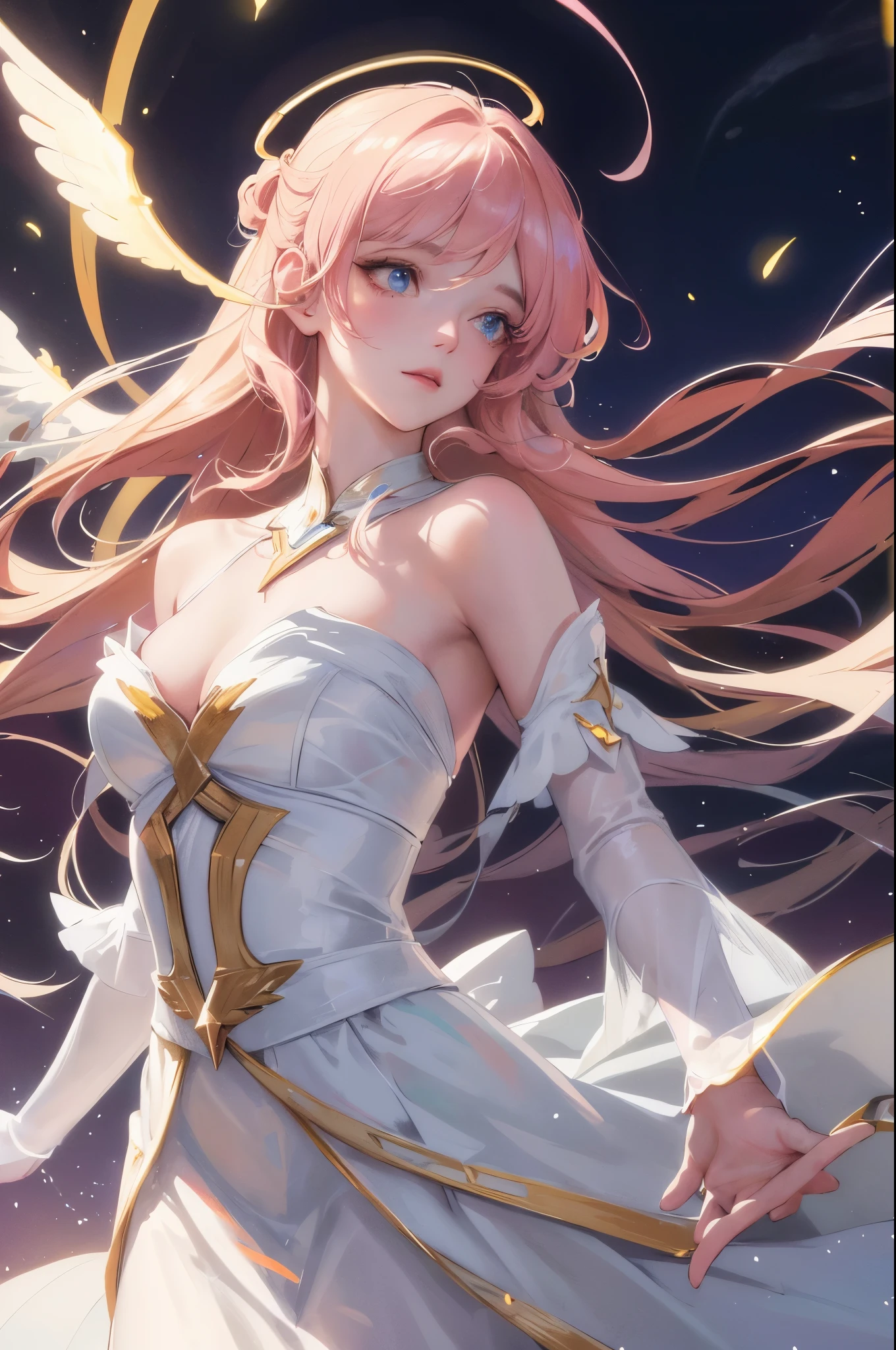 best quality, masterpiece, anime style, a beautiful woman angel,floating in the air ,lightning halo,having four beautiful white large wings ,moon, nebula, shooting stars, wearing a beautiful white dress, ultra beautiful detailed eyes, Precise iris depiction,looking at the viewer with a calm and goddess-like happiness,
,hyper detailed face, complex, perfect, model, textured, chiaroscuro, professional make-up, realistic, rough, dominating, figure in frame, Super beautiful background drawn by WLOP, cinematic lighting, stars, night, fireflies, near a lake, ethereal,