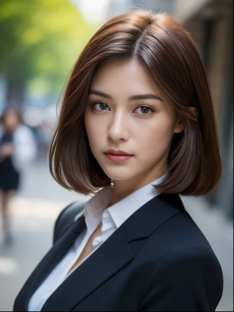 ((best quality, 8k, masterpiece :1.3)), sharp focus :1.2, Beautiful woman with perfect body:1.4, slim abs:1.2, ((dark brown hair, huge :1.2)), white collar shirt，not exposed，(Natural light, city street:1.1), Highly detailed facial and skin textures，exquisite eyes，double eyelids