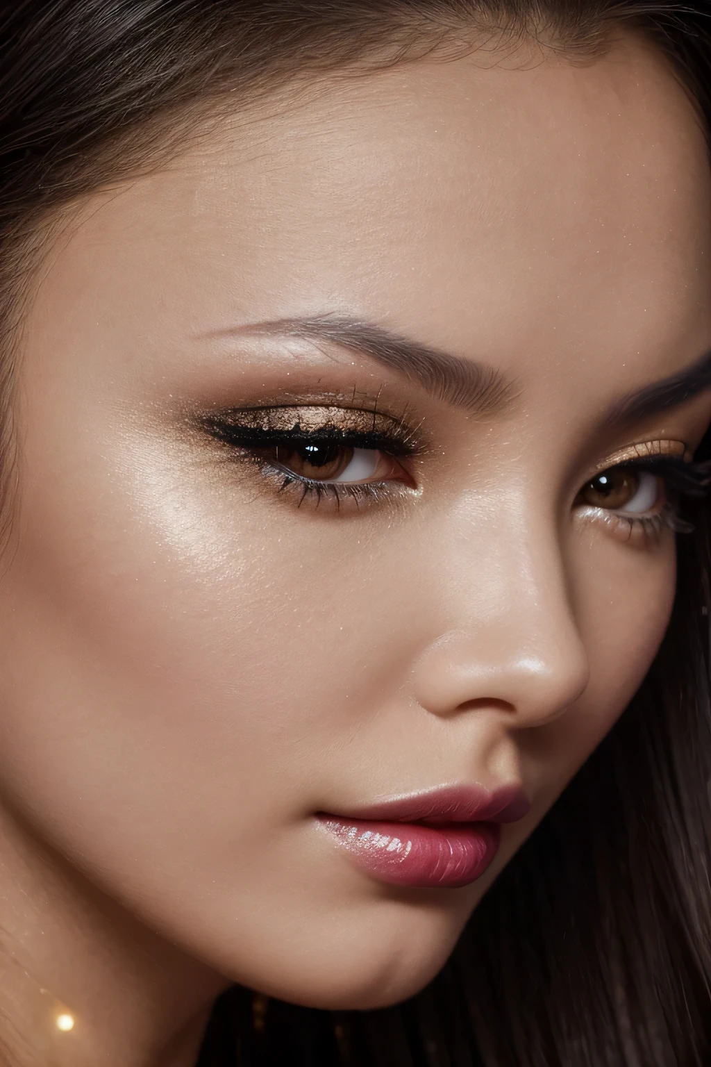 16 thousand., Hyperrealism, photographic quality, 1 girl, Chinese, looks like Linda Evangelista in her youth, mega close-up of face, shiny facial skin, Hyper quality facial skin, pores are visible on the face, lips with bright red lipstick, shiny lips, flashy makeup , Insanely bright makeup, everything glitters and sparkles, smoky eye makeup, black arrows under the eyes, my whole face is covered in glitter, thin face, plump lips, sharp cheekbones, thin neck, anerexic face, Dark hair, Laid in curls, long flowing hair, fluttering in the wind, detailed super quality hair, White background,