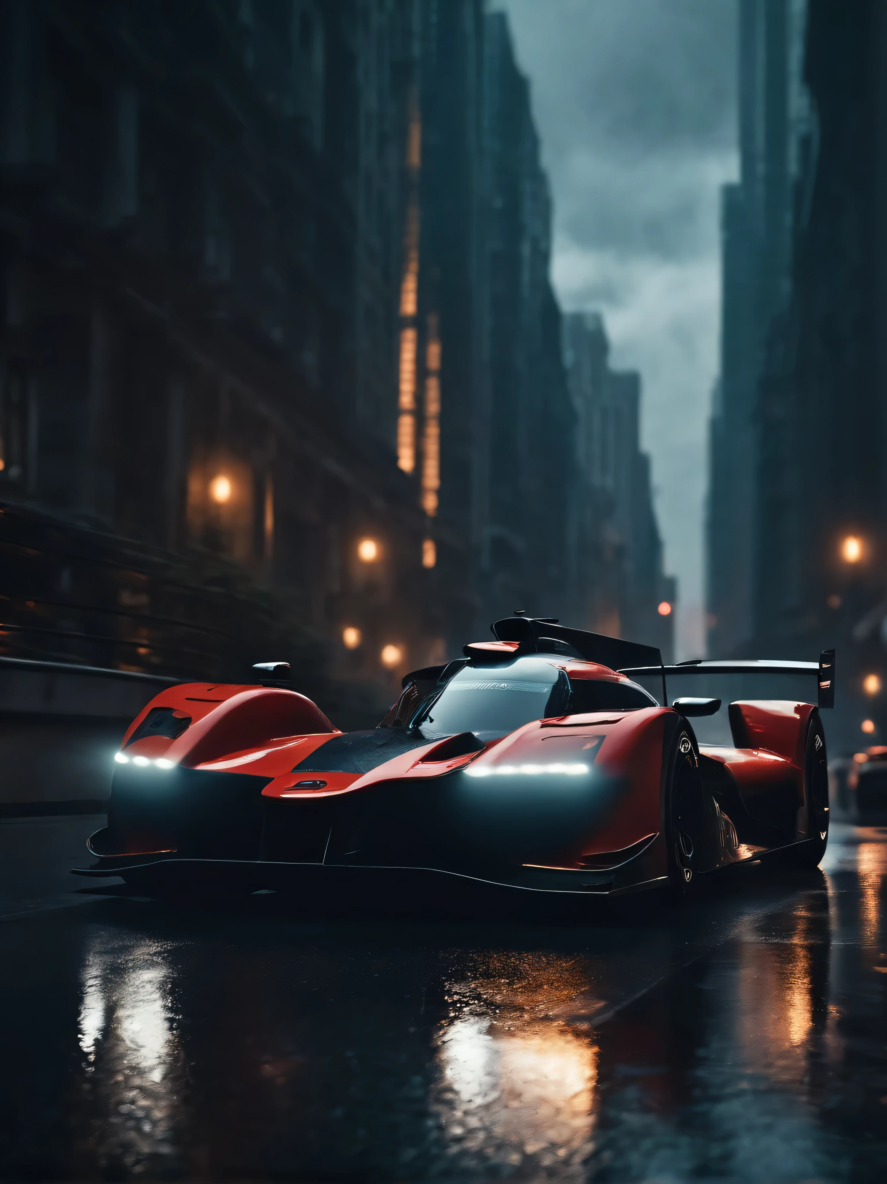 It&#39;s raining，Alapid races around city streets in cyberpunk style, f1 racing car blurred in background, motor sport photography, The power of night city visuals, new york in the future, 8k vray rendering, frontal shot, Ray tracing 8K, Ray tracing 8K, photorealistic rendering, Detailed rendering, vray 8k rendering, background blur