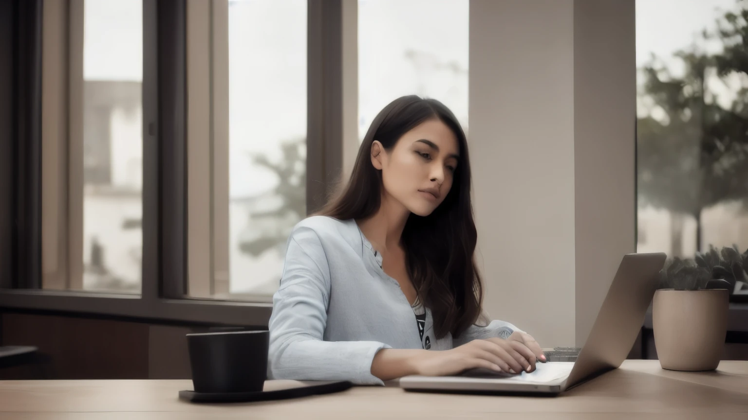 hyper ultra realistic photographs full body of Serious charming woman using smartphone while working with laptop ratio 16:9, 4k, 8k resolution, High quality photo, high detailed, imagesharp focus, Cinematic lighting,hyperdetailed & Unreal engine, detail, realism, photography,cinematography, camera NIKON, lens NIKKOR flagship, masterpiece. hyper-maximalism, ultradetailed photorealistic, light skin imperfections, final render, vray, photo, fashion