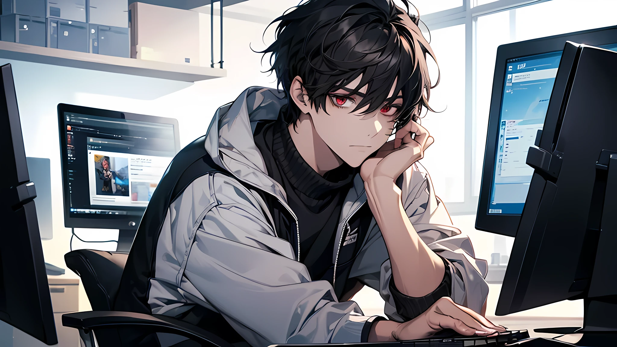 Best quality: 1.0), (Super High Resolution: 1.0), Anime boy, short black hair, red eyes, detailed eyes, detailed nose, detailed face, sitting in front of the computer playing games, background in the dirty room, at the garbage dumb of waste, using a laptop as his only connection to the outside world. Let the image convey the idea of both isolation and the potential for technological renewal, highly detailed, a tech-savvy and enthusiastic individual who is fully immersed in the digital world as he sits comfortably in front of his computer. With a focused expression, he skillfully maneuvers the mouse and keyboard, effortlessly navigating through various applications and programs.