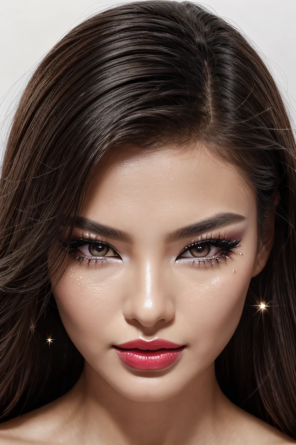 16 thousand., Hyperrealism, photographic quality, 1 girl, Chinese, looks like Linda Evangelista in her youth, mega close-up of face, shiny facial skin, Hyper quality facial skin, pores are visible on the face, lips with bright red lipstick, shiny lips, flashy makeup , Insanely bright makeup, everything glitters and sparkles, smoky eye makeup, black arrows under the eyes, my whole face is covered in glitter, thin face, plump lips, sharp cheekbones, thin neck, anerexic face, Dark hair, Laid in curls, long flowing hair, fluttering in the wind, detailed super quality hair, White background,
