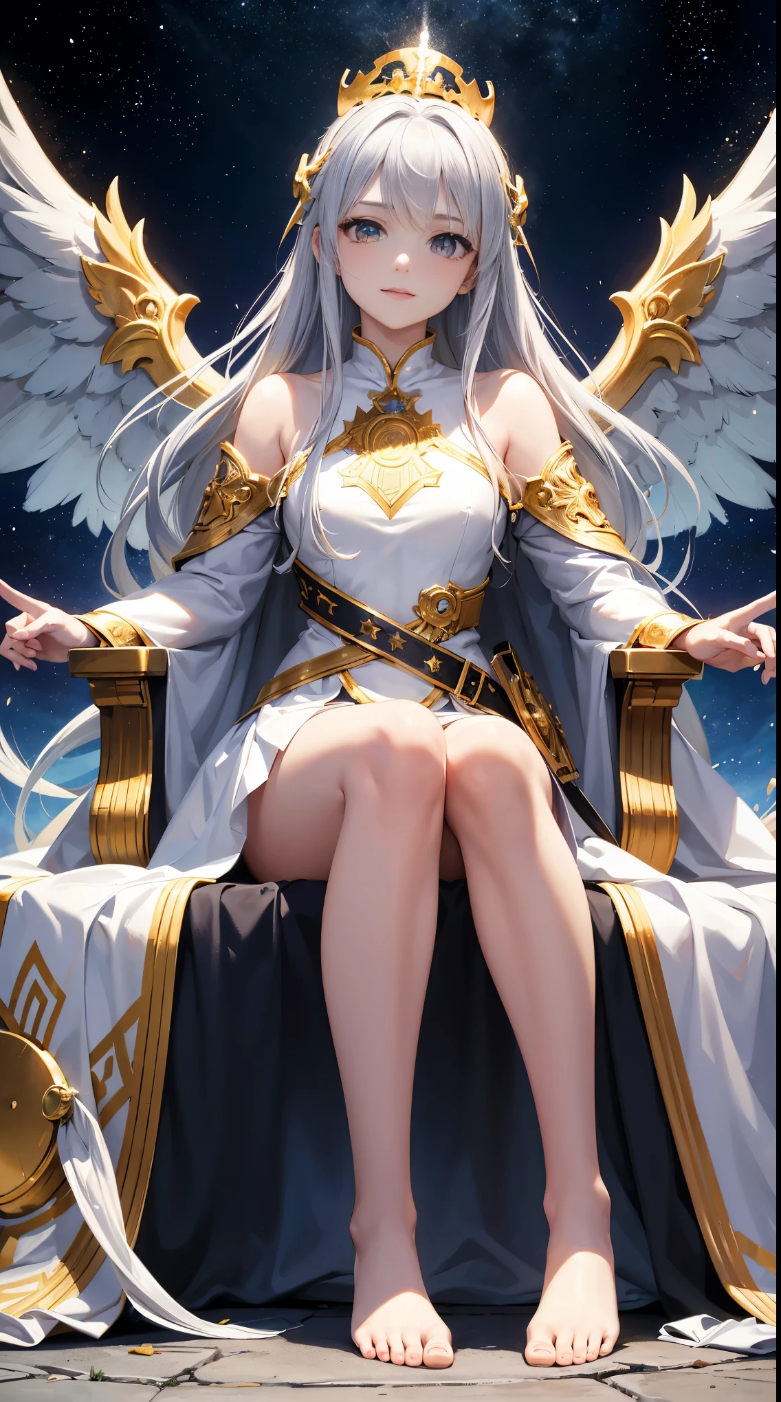 Full-body, silver-haired young girl, golden eyes, angelic body, and white armor with a mini skirt, wield a shield, wear a cloak and golden crown, sitting on the throne of golden sun, white wings, heavenly sun, and dawn background scene, the magic circle with diamond star, brave smile, stable diffusion v5, anime style v3, lora style v5, dynamic, image enhance, dream shape, vibrant, realistic face, best quality, upscale, sharp focus masterpiece, bare feet.