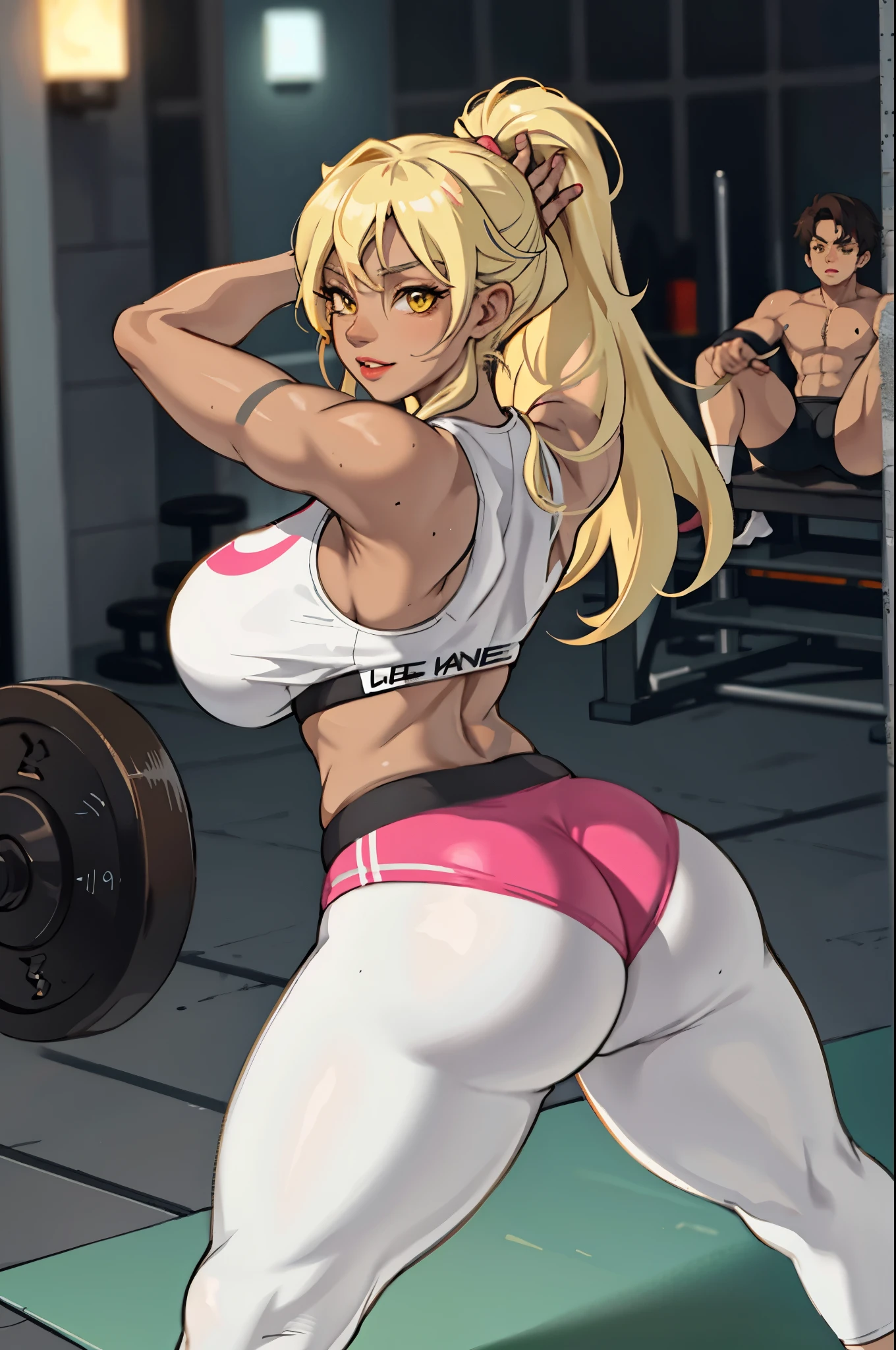 Best quality, massive breasts, massive ass, very curvy, dark brown skin, long blond hair, yellow eyes, slutty, gyaru, full lips, seductive, gym, workout, exercise, white clothes, yoga pants, gym, darkskin, tan, white clothes, pants, man standing behind girl, man behind touching , , sex, having sex, from behind, girl in schock, man standing behind woman, from behind, sex from behind