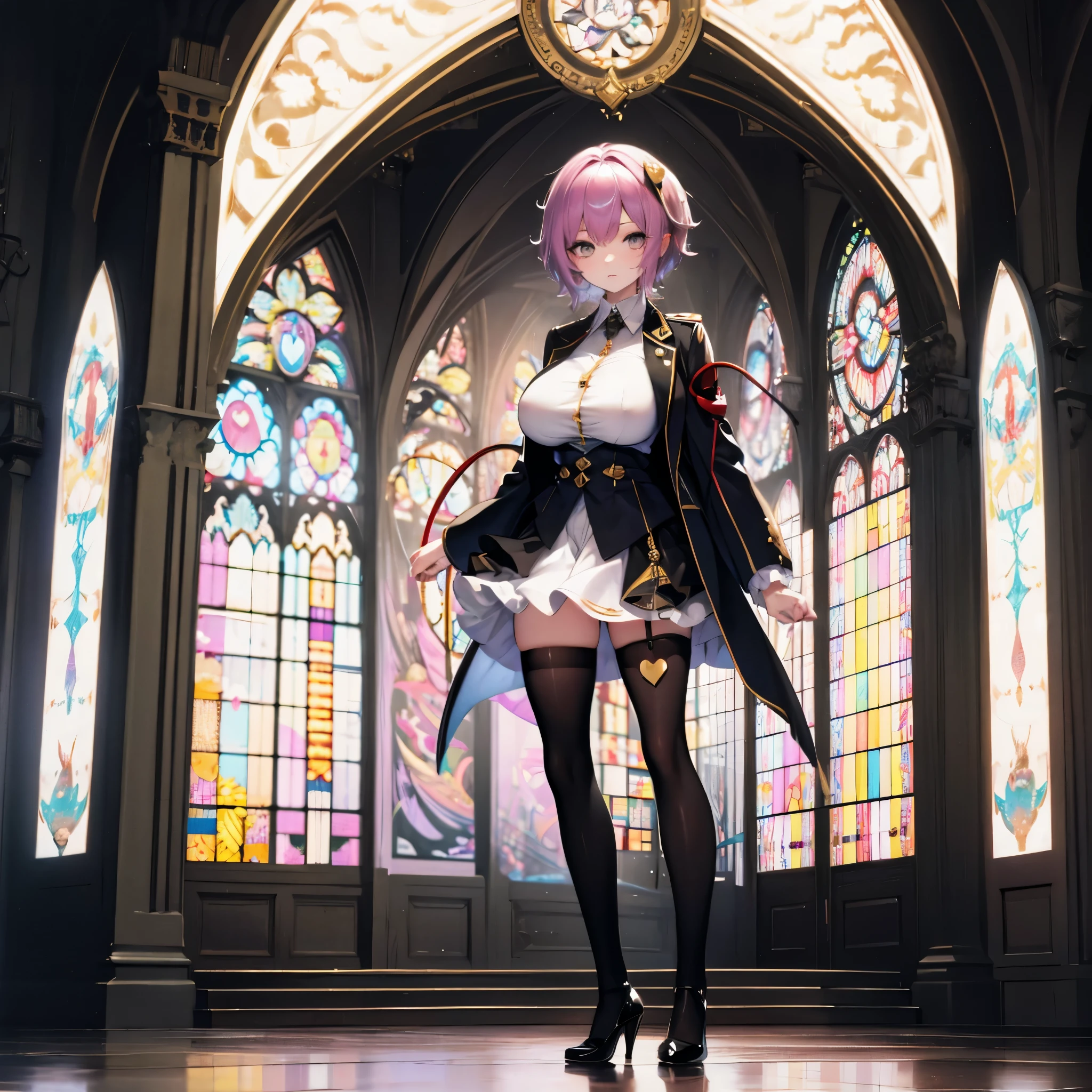 Satori toho character, (solo), standing, stained glass, BREAK, short hair, (huge perky breasts), bursting breasts, (inconceivably thin waist), very long legs, BREAK, (black blazer), (black thighhighs), very short black miniskirt, highheels, military medal of honor, BREAK, masterpiece, ultra-detailed