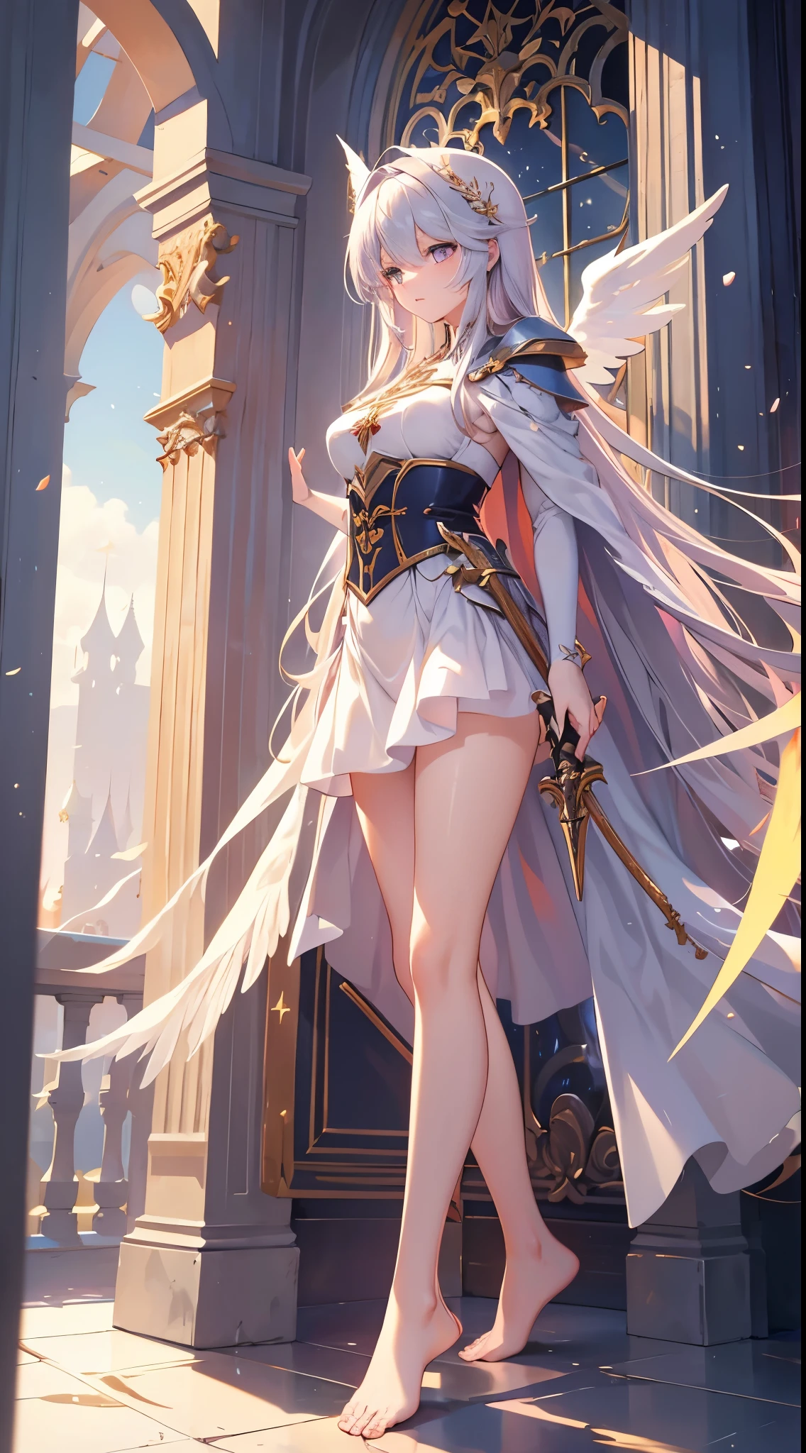 angelicales，Wings，Holy Sword，Cloak，Majestic and handsome girl, bare feet.