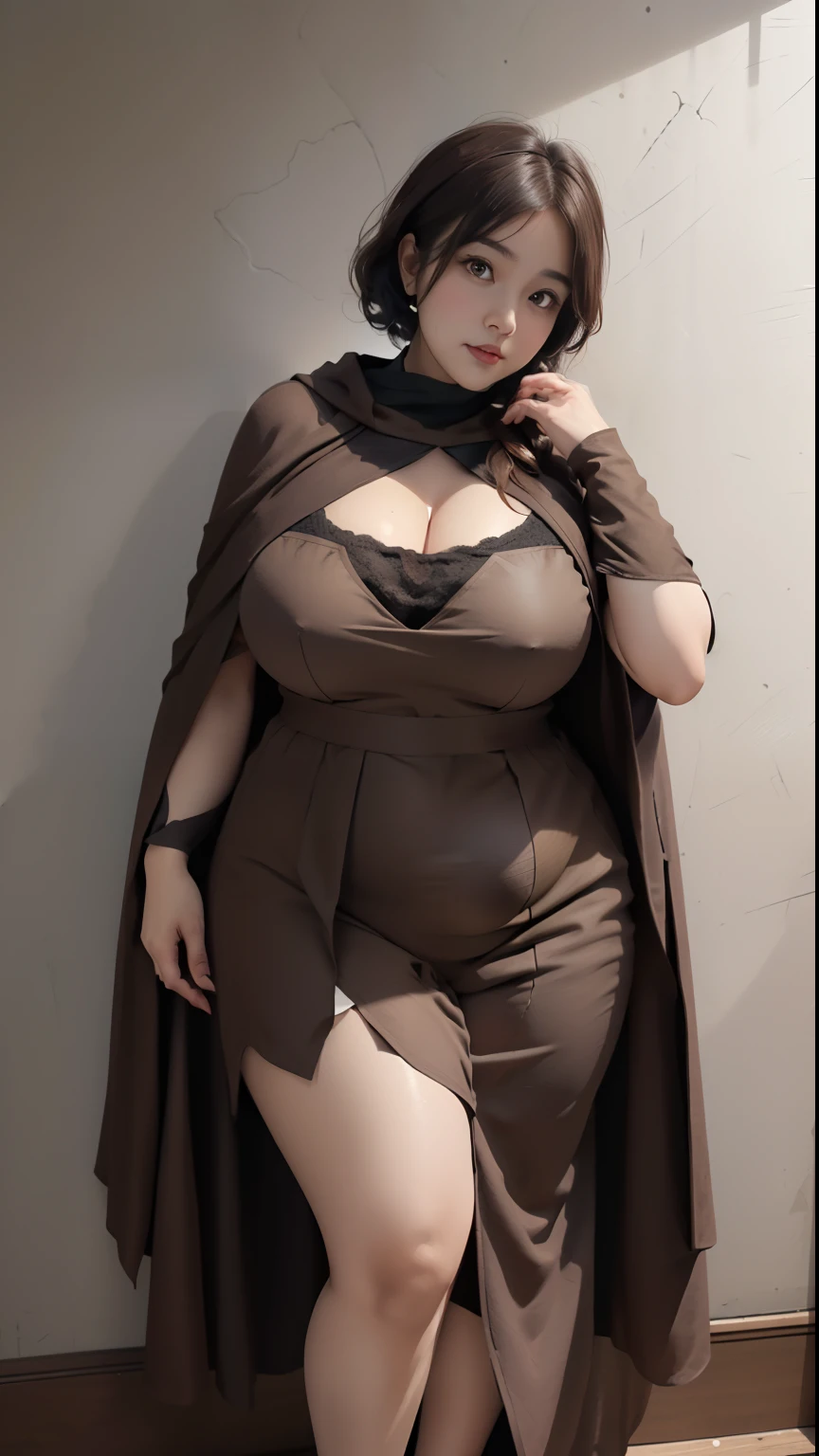 woman in brown dress and shorts hairstyle Leaning against the wall of the dark room, wearing brown clothes and cape, abaya outfit, with a long brown cape, cold fashion model, plus size, plus size woman, wearing brown robe, woman in brown robes, beautiful burqa's woman, thicc, brown outfit,, wearing a brown dress, brown , with stockings ,bbwchan, large cleavage, very large cleavage, massive cleavage , wearing a sneakers, 35 years old woman, asian women , short hair , full body