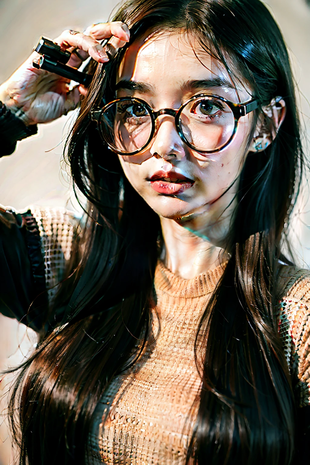 (Cute girl) ,( korean beauty) (raw photo:1.2), (photorealistic:1.4), very detailed eyes and face, beautiful detailed eyes, huge file size, super detailed, high resolution, very detailed, masterpiece,unified, 8k wallpaper, amazing, Fine details, masterpiece, best quality, , light on face, cinematic lighting, 1girl, ((gigantic breasts:1.4)),((wearing a open jacket: 1.6.)), girl wearing a glasses