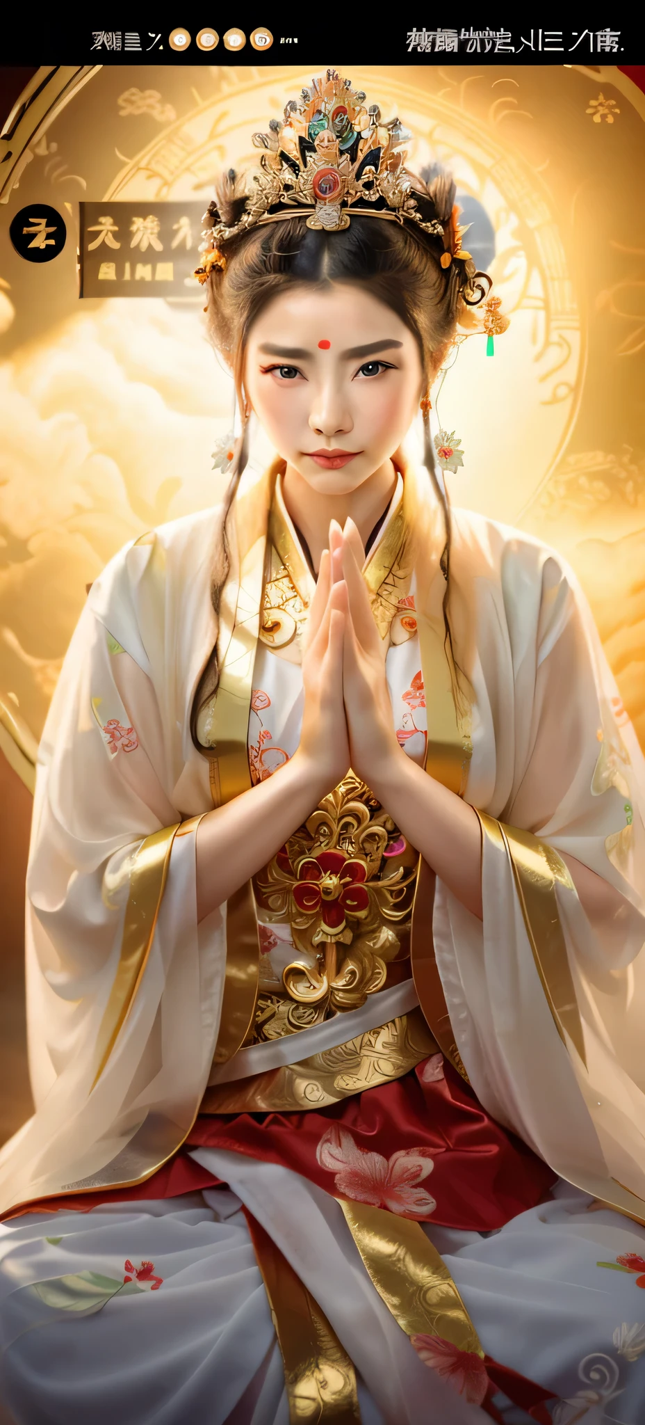 Close-up of a person sitting cross-legged, ancient chinese goddess, beautiful fantasy queen, Avalokitesvara, Avalokitesvara of the southern seas, eyes look below，ancient chinese princess, beautiful goddess, ancient chinese beauties, goddess of love and peace, Inspired by Zhu Lian, Beautiful renderings of the Tang Dynasty, Inspired by Lan Ying, Stunning goddess portrait