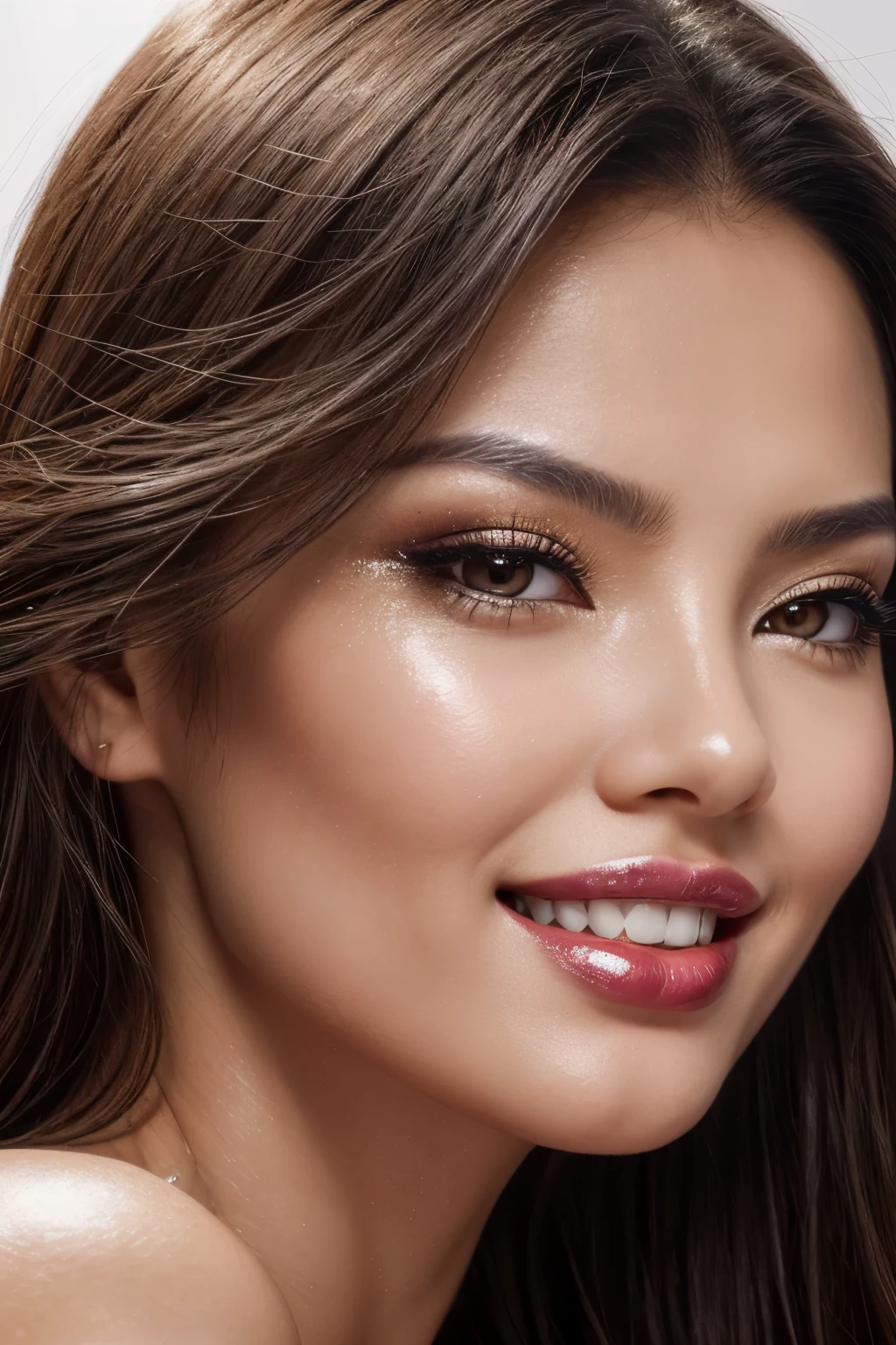 16K, Hyperrealism, photographic quality, 1 girl, Chinese girl, similar in appearance to Linda Evangelista in her youth, mega close-up of the face, shiny facial skin, hypr quality of facial skin, facial pores are visible, lips with bright red lipstick, lips are shiny, Flashy makeup , Insanely bright makeup, everything glitters and sparkles, smokey makeup on the eyes, black arrows under the eyes, the whole face is strewn with sparkles, thin face, plump lips, she smiles widely, her teeth are visible when she smiles, sharp cheekbones, thin neck, anerexic face , dark hair with curls, long hair blowing in the wind, detailed super quality hair, white background,