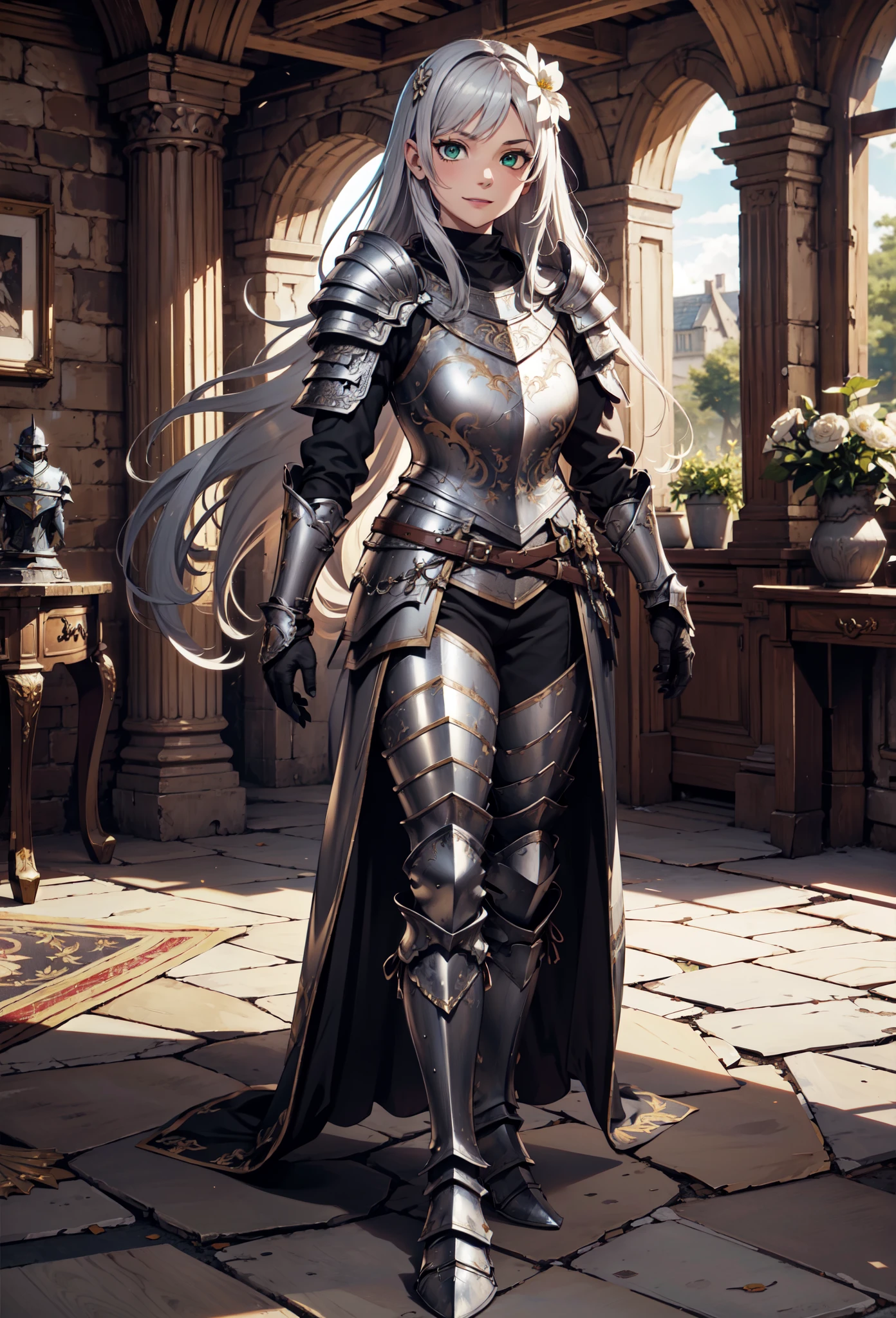 Ultra High Definition, Ultra High Quality, Hyper Definition, Hyper Quality, Hyper Detailed, Extremely Detailed, Perfectly Detailed, 8k, 1 Anime Female, ((Long Silver Hair)), Noble Armor, ((Leg Armor, Armored Pants, Symmetric, Boots Armor)), Gloves, Solid Green Eyes, Cheerful Expression, White Flower Barrette, Armored With Full Coverage Noble Plate Armor, Leg Armor, Mansion Room Panoramic Background