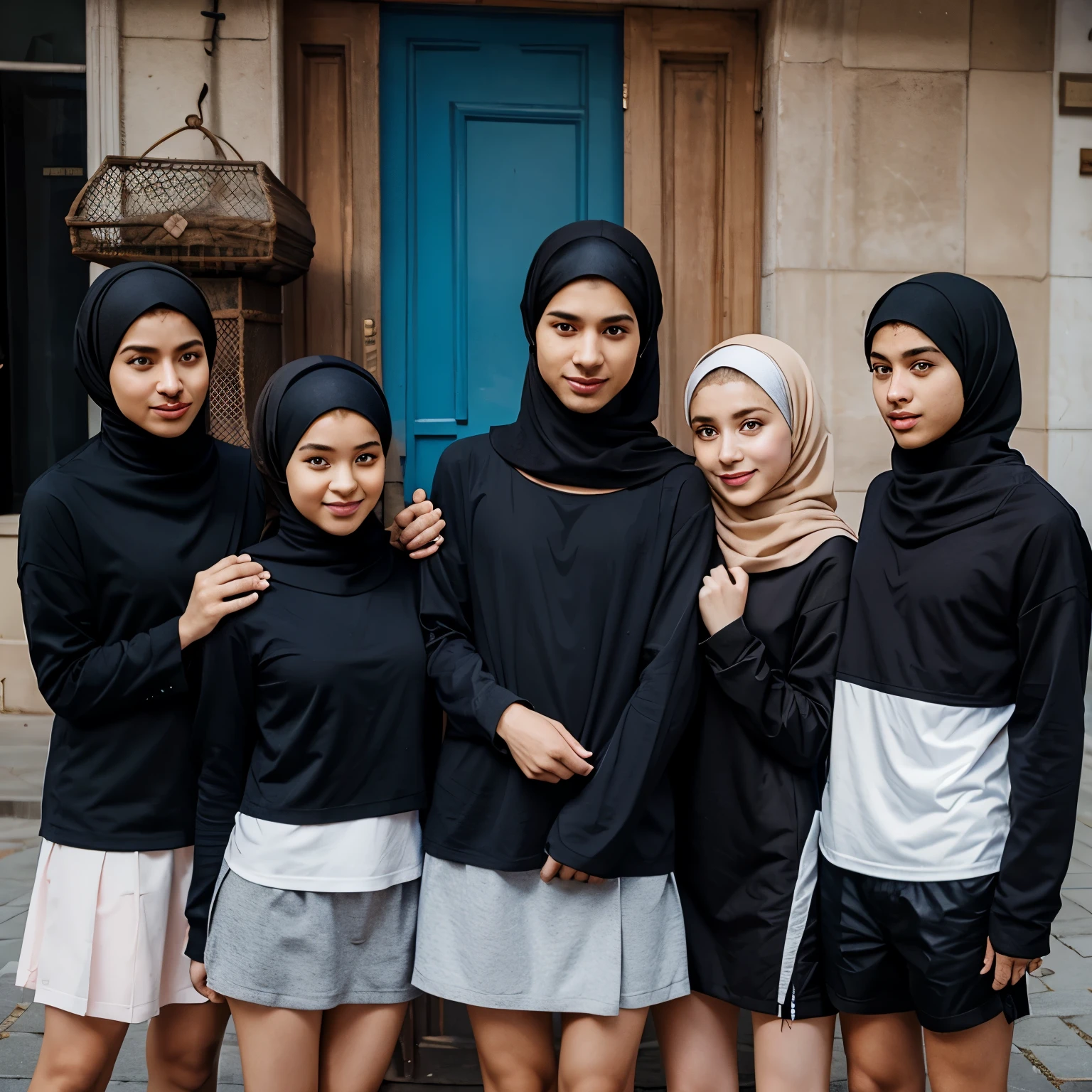 Seven people, four girls with hijab and three boy with the same outfit