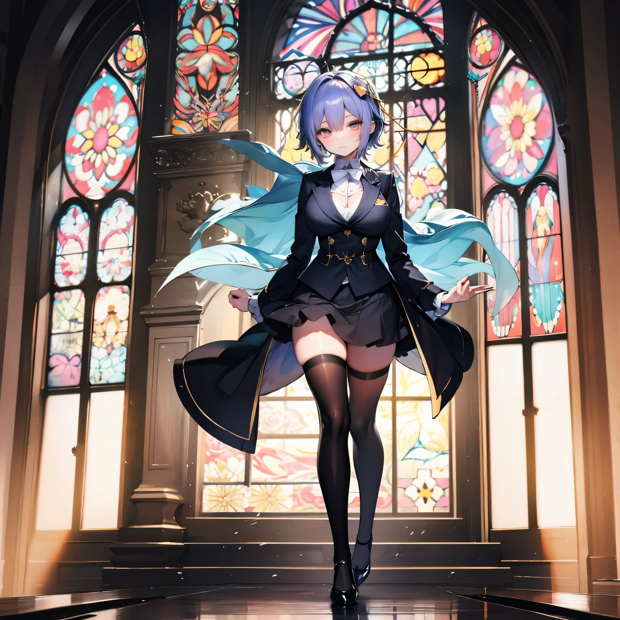 Satori toho character, (solo), standing, stained glass, BREAK, short hair, (huge perky breasts), bursting breasts, (inconceivably thin waist), very long legs, BREAK, (black blazer), (black thighhighs), very short black miniskirt, highheels, military, BREAK, masterpiece, ultra-detailed