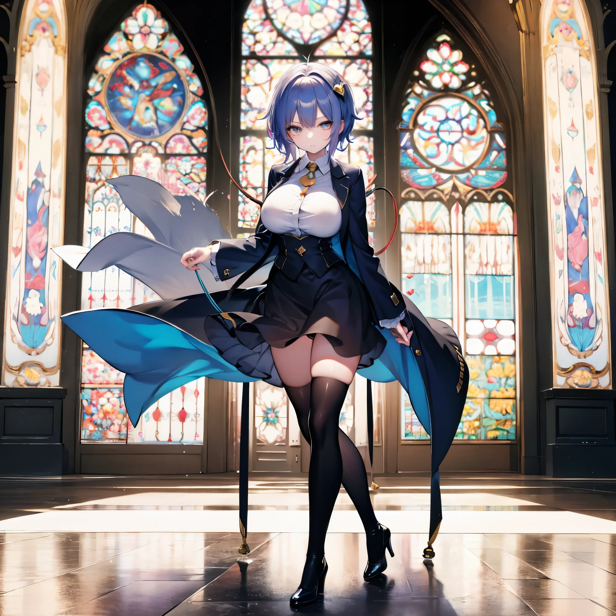 Satori toho character, (solo), standing, stained glass, BREAK, short hair, (huge perky breasts), bursting breasts, (inconceivably thin waist), very long legs, BREAK, (black blazer), (black thighhighs), very short black miniskirt, highheels, military, BREAK, masterpiece, ultra-detailed