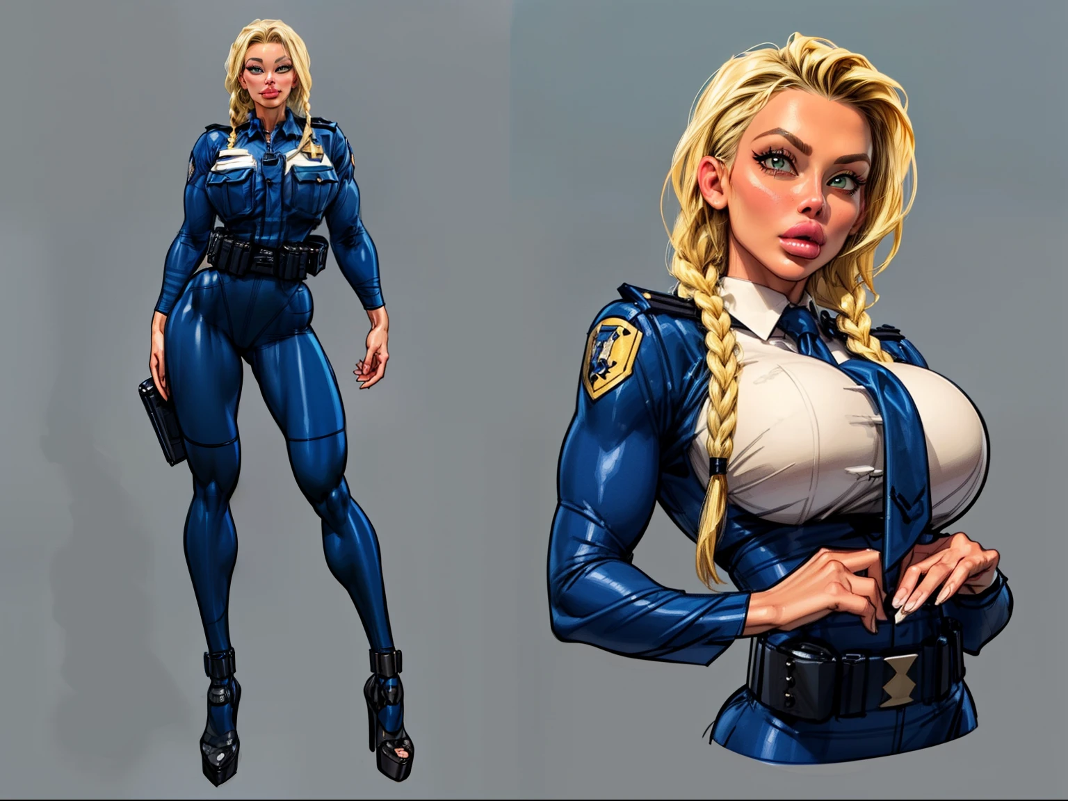((masterpiece)),(((best quality))),((character design sheet)), illustration,1woman, environment Scene change, (long braided hair:1.4),((futuristic police officer:1.5)), muscular, black legs, thick legs, (pale skin:1.3)scribbles and marks, light blue shirt, ((detailed face:1.1)), rough sketches, (puffy lips:1.5), pose too, ((brunette hair:1.2)), (police officer outfit:1.3) , 8k,16k, (simple background, light background: 1.3)
