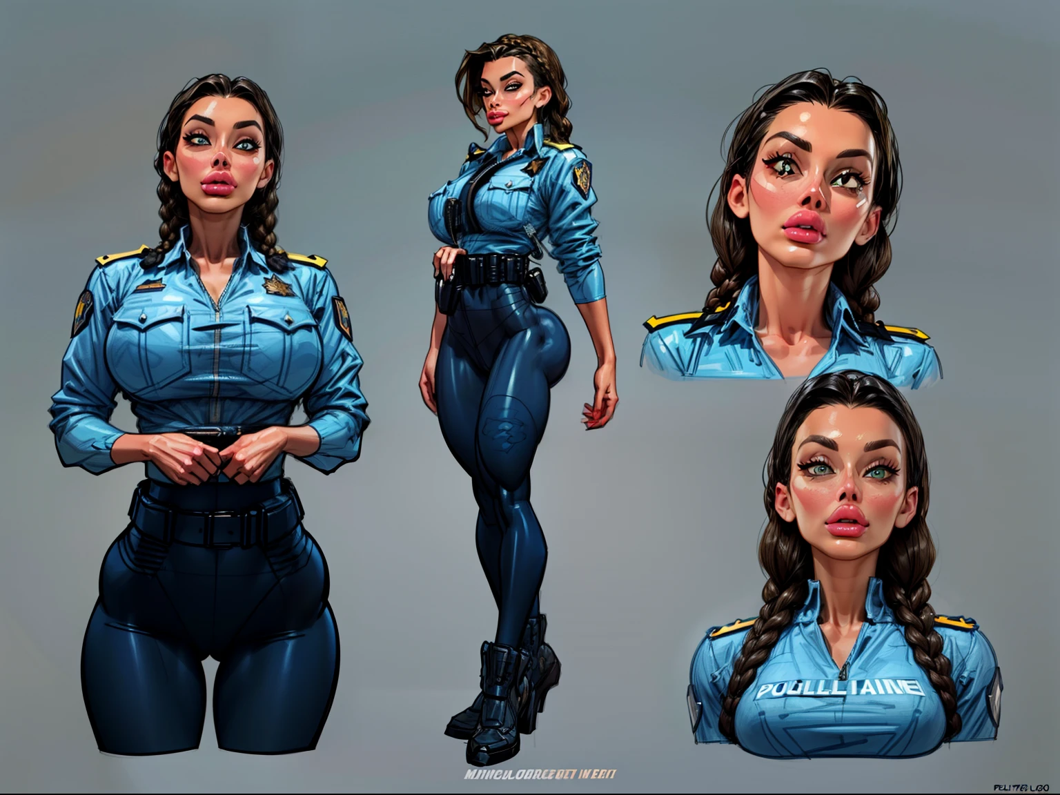 ((masterpiece)),(((best quality))),((character design sheet)), illustration,1woman, environment Scene change, (long braided hair:1.4),((futuristic police officer:1.5)), muscular, black legs, thick legs, (pale skin:1.3)scribbles and marks, light blue shirt, ((detailed face:1.1)), rough sketches, (puffy lips:1.5), pose too, ((brunette hair:1.2)), (police officer outfit:1.3) , 8k,16k, (simple background, light background: 1.3)