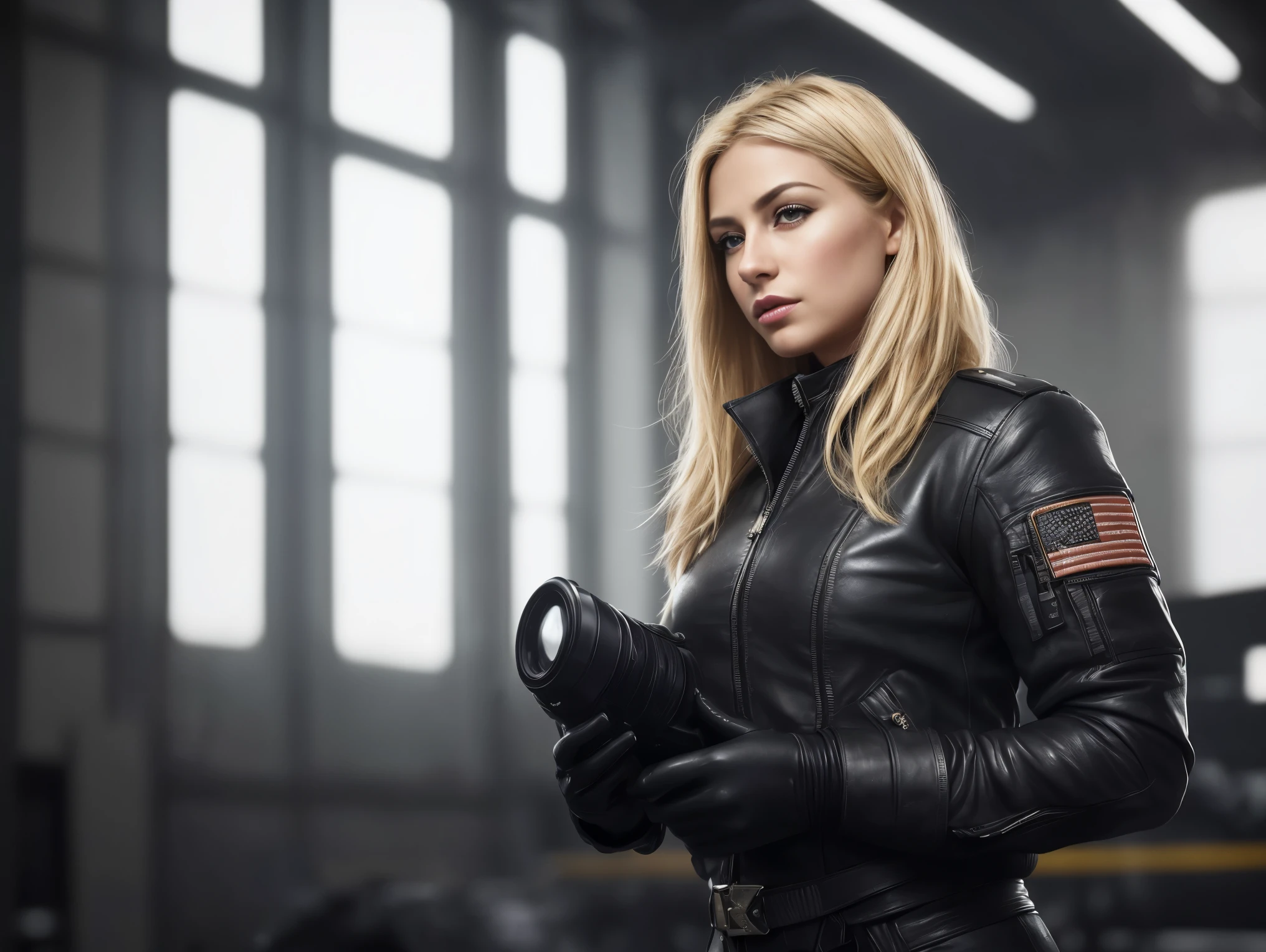 photorealistic full body portrait of stunning, sly female pilot in a hangar, old leather uniform, bomber jacket, (8k, RAW photo, best quality, masterpiece:1. 2), (realistic, photo-realistic:1. 37) ultra-detailed, beautiful detailed eyes, beautiful detailed lips, a captivating gaze, and an alluring expression. beautiful dynamic dramatic dark moody lighting, shadows, cinematic atmosphere, photograph, focal length, ((waist long, messy, wild, blonde, hair))