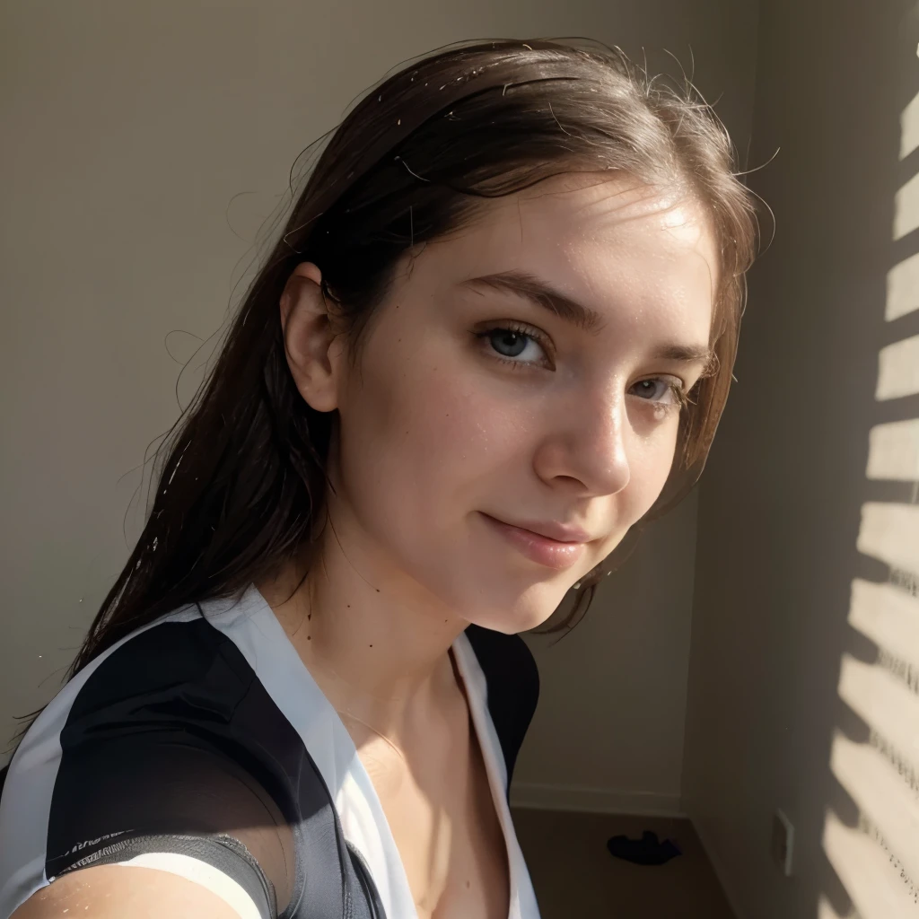 instagram photo, closeup face photo of 23 y.o Chloe in fitness coach, cleavage, pale skin, (smile:0.4), hard shadows, cycling outfit, after shower with wet hair, pedaling