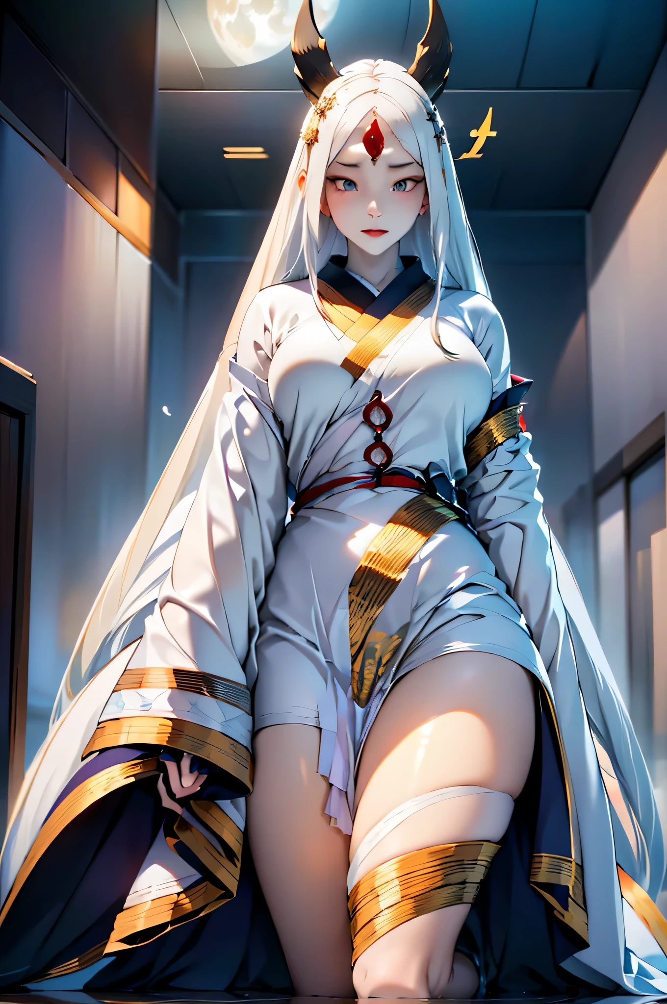 Kaguya Ōtsutsuki: Ethereal Features: Kaguya possesses an otherworldly beauty. Her look is sexual powerful and erotic. Her eyes are large and expressive, reflecting ancient wisdom and sexual powerful. The irises could shimmer with celestial hues—perhaps a blend of silver, lavender, and pale blue. Her skin is porcelain-like, with a faint luminescence that hints at her divine origins. Hair: Kaguya’s hair cascades down her back in long, flowing strands. It is as white as freshly fallen snow, with a subtle iridescence. Imagine it catching the light like moonbeams. Consider adding delicate braids or twists adorned with celestial ornaments. Attire: Dress Kaguya in an elegant robe or kimono. The fabric should be lightweight and ethereal, like silk spun from moonlight. Shades of pale blue, silver, and lavender would suit her well. Embroider intricate patterns along the edges—perhaps celestial motifs like stars, crescent moons, or blooming flowers. Accessories: Adorn Kaguya with subtle jewelry. A delicate silver circlet gracing her forehead symbolizes her celestial lineage. She might wear a pendant or amulet containing a tiny, glowing crystal—an artifact of immense power. Symbolism: Incorporate elements from nature: delicate sakura blossoms, moon phases, or swirling galaxies. These symbols connect her to the cosmos. Consider adding a pair of feathered wings—symbolic of her transformation and ascension. Expression and Posture: Kaguya’s expression is serene yet enigmatic, sexual powerful and erotic. Her eyes hold secrets of forgotten ages. Pose her with one hand extended, as if channeling cosmic energy. The other hand could cradle a celestial orb or a blooming flower.