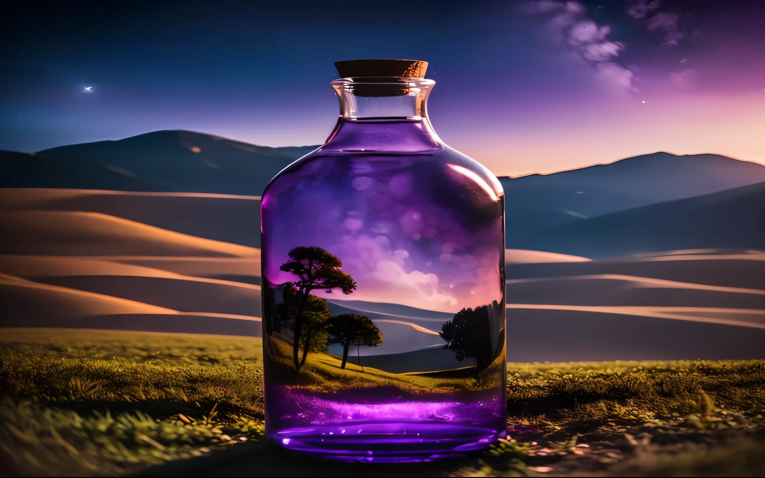 Blue bottle，Inside is a picture of the entire forest, The sun fills the forest，There is a meadow full of flowers in the bottle, dreamscape in a jar, surreal colors, Blue liquid, sand desert fantasy, Mysterious fantasy landscape, sand painting vase, vial of stars, fantasy oil, Epic fantasy landscape, Surreal dreamy landscape, magical background, potion of healing, Fantastic colors and atmosphere