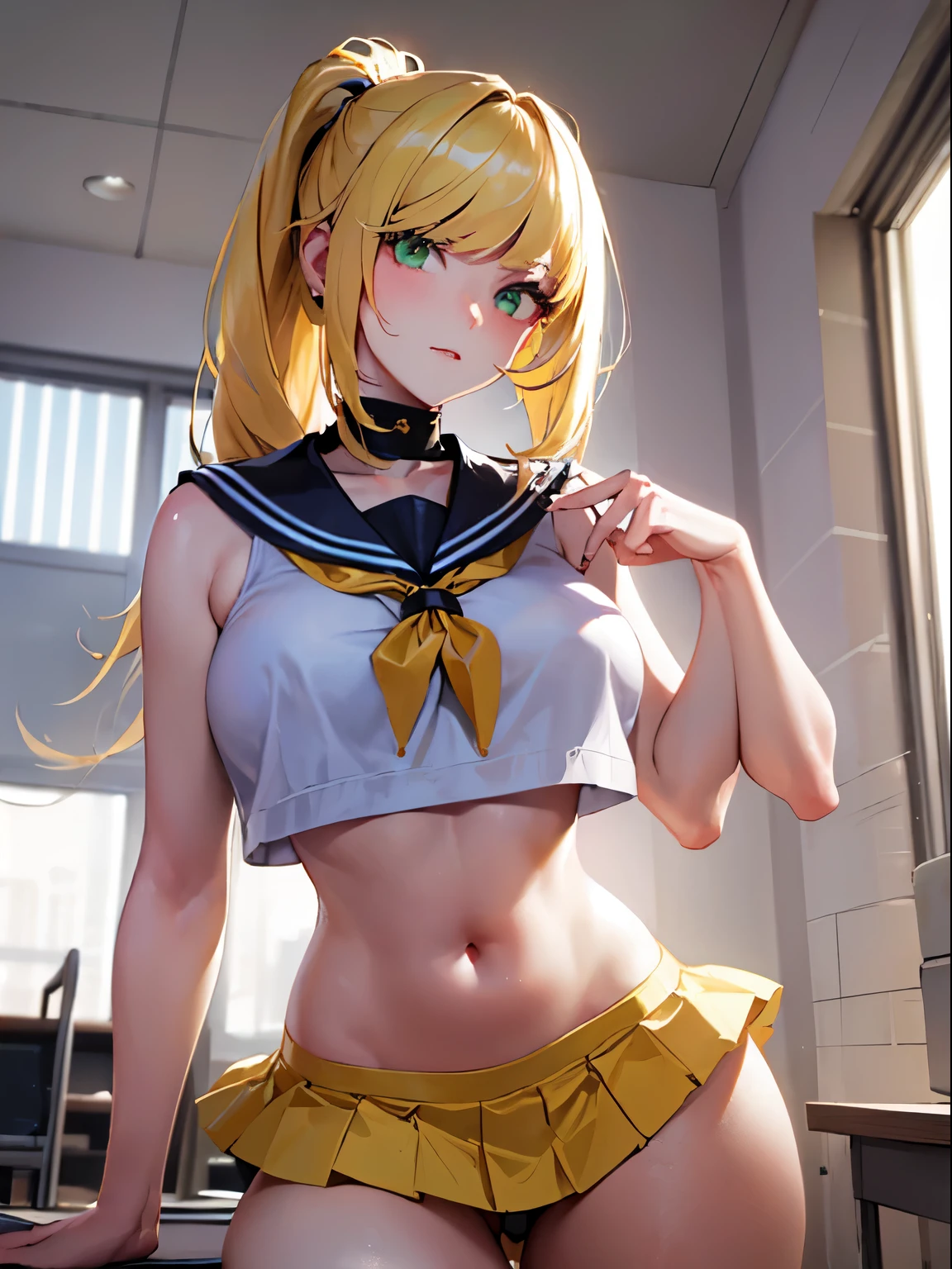 top-quality、realistic touch,high-detail、photoRealstic、thin-waist、captive beauty、big eye、solid platinum-blonde eyelashes、platinum-blonde、full body Esbian、Sparkling eyes, cheeks flushed、thin-waist、In the classroom of the school、She is in estrus、a sailor suit、cocky expression、Super short skirt with V-line visible、Sleeveless、Navel look、、Ponytail hair style、a sailor suit that is extremely short in length、Colossal tits、big butts、Angle from below、Big breasts visible between uniform and stomach、sexy pose、see-through garments、Embarrassed look
