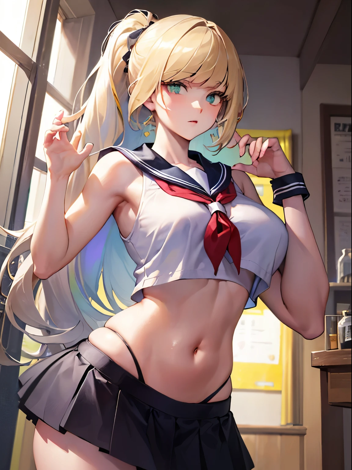 top-quality、realistic touch,high-detail、photoRealstic、thin-waist、captive beauty、big eye、solid platinum-blonde eyelashes、platinum-blonde、full body Esbian、Sparkling eyes, cheeks flushed、thin-waist、In the classroom of  the school、She is in estrus、a sailor suit、cocky expression、Super short skirt with V-line visible、Sleeveless、Navel look、、Ponytail hair style、a sailor suit that is extremely short in length、Colossal tits、big butts、Angle from below、Big breasts visible between uniform and stomach、sexy  pose、see-through garments、Embarrassed look