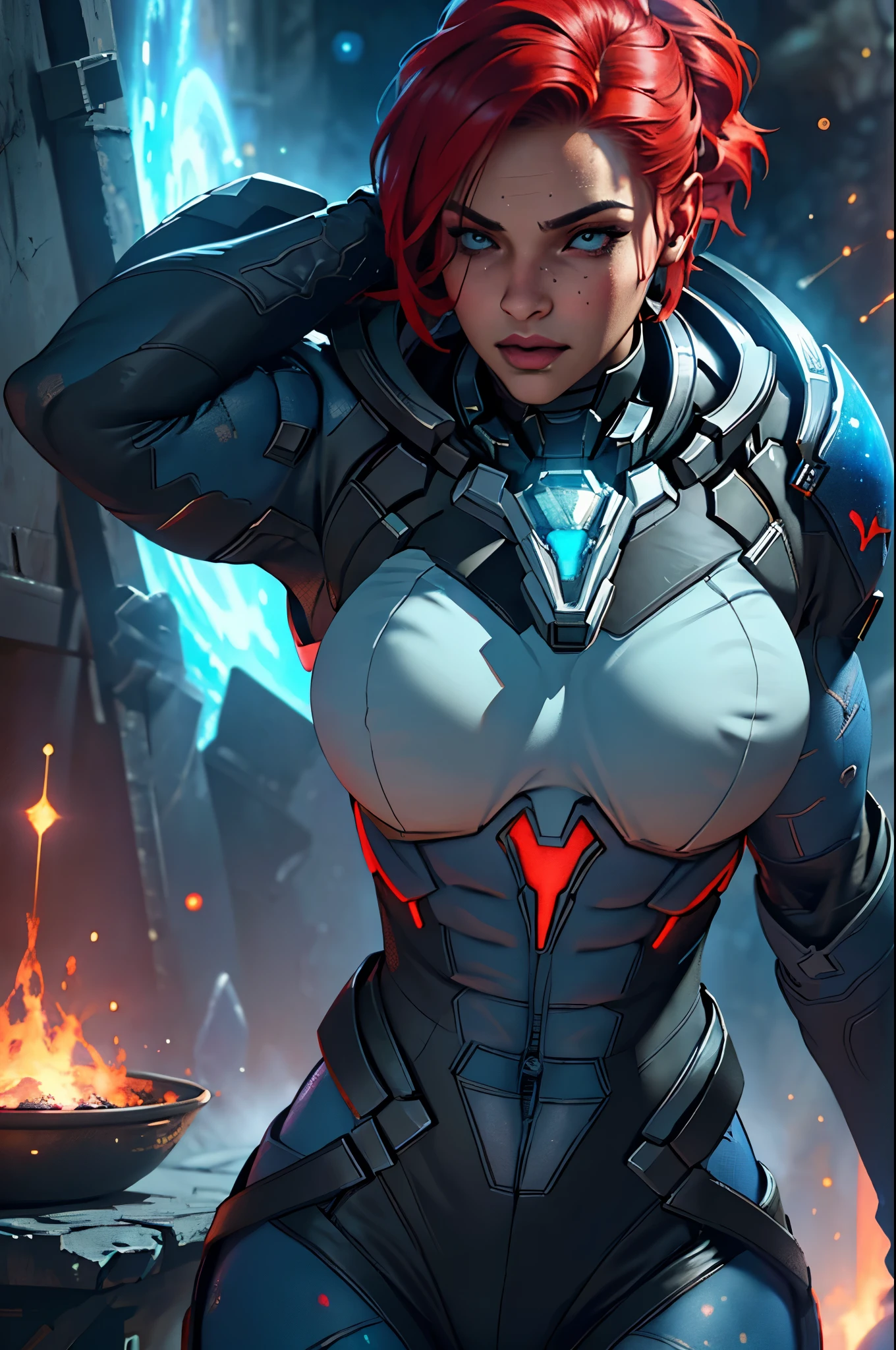 Highly detailed RAW color photo, mass effect fan concept art, beautiful young woman, female shepard of mass effect, short red hair, dynamic pose, (fit hips), (detailed skin), (detailed lips), (detailed eyes), (cosmic: 1.4), (necropolis: 1.1), (science fiction setting), (detailed face), (muscular), space marine clothing, chromatic aberration, depth of field, soft lighting, (masterpiece:1.1), best quality, intricate, (lens reflection: 0.7), (flowering: 0.7), particle effects, ray tracing, tone mapping, highly detailed, concept art, smooth, sharp focus, dramatic lighting, highly detailed art, cinematic, hyper-realistic painting, trending on Artstation, 8K, amazing shadows, realistic, (highly detailed background: 1.2), mid-journey art