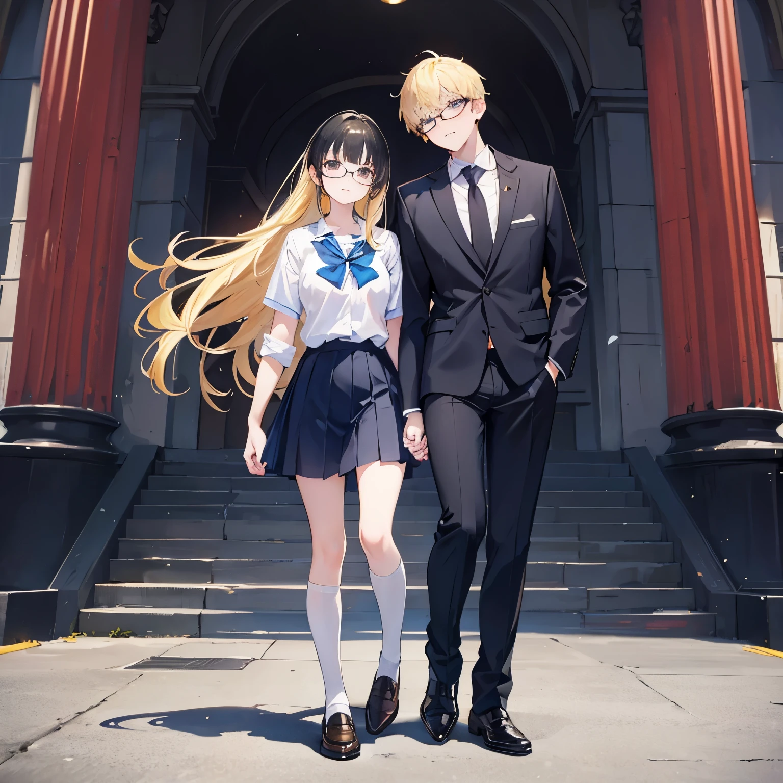 Full body, couple, blonde boy, glasses, school uniform, perfect quality, black haired girl, beautiful