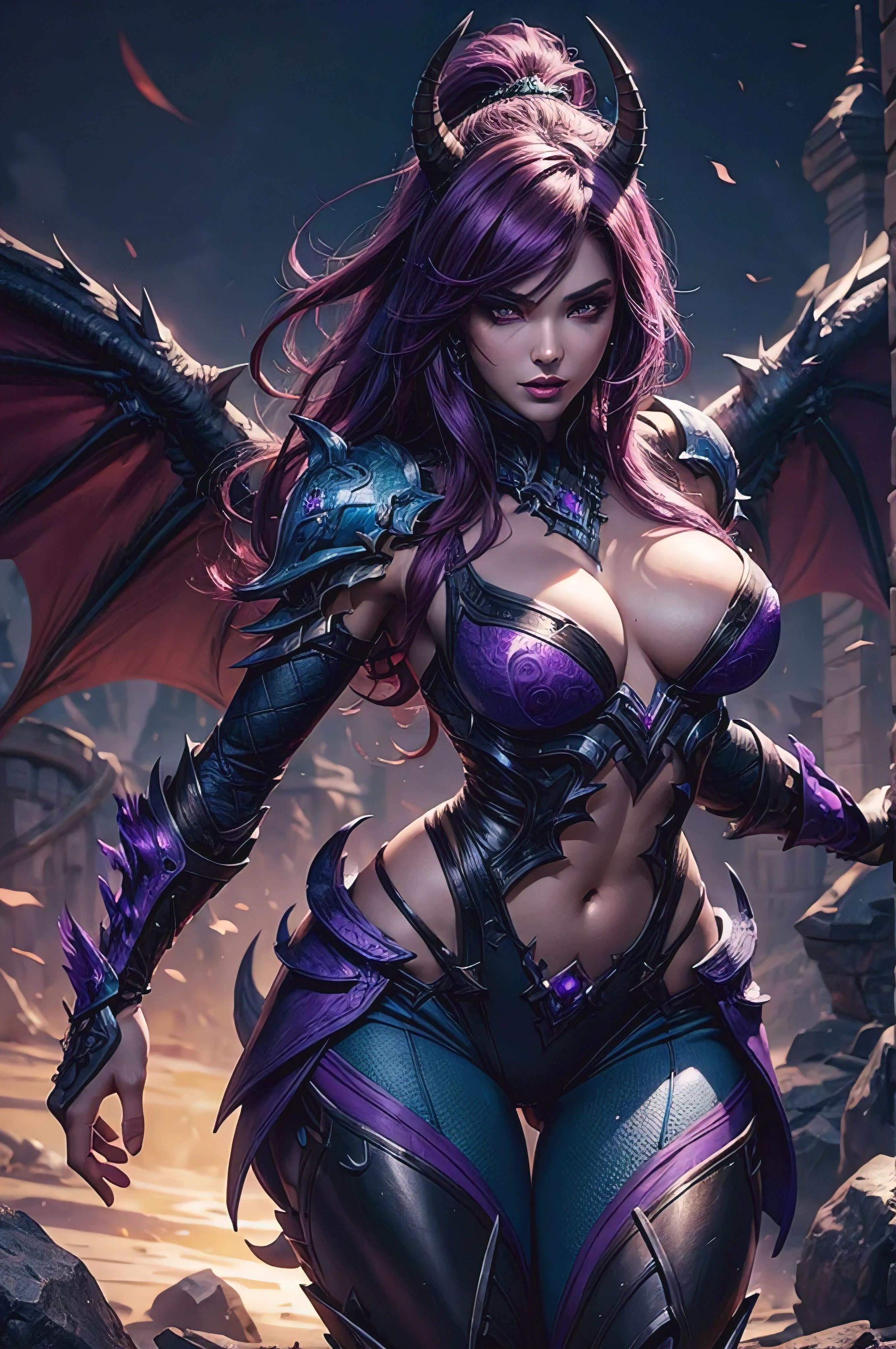 The Half Dragon Shyvana hero castle clash, Purple skin, blizzard.com, blizzard, perfect face, magic, photorealistic, high definition artwork, (highly detailed photo: 1.1), best quality, fantasy body, perfect eyes, Intricately detailed magic art, deviantart masterpiece