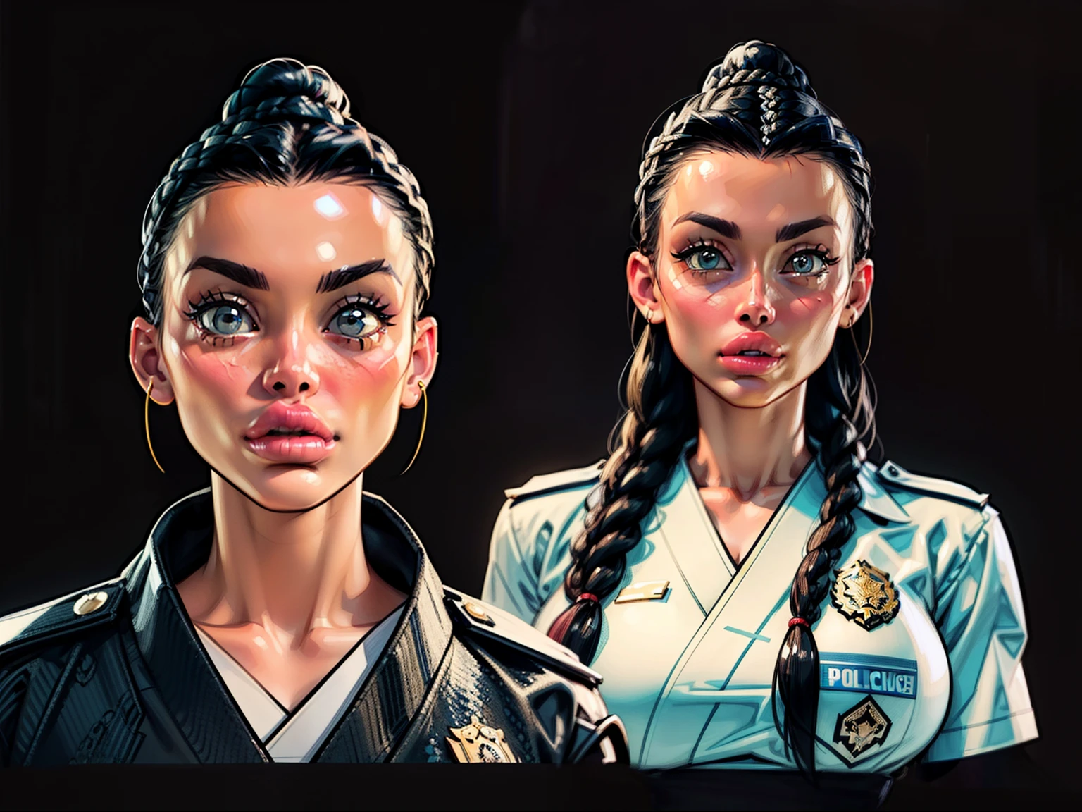 ((masterpiece)),(((best quality))),((character design sheet)), illustration,1woman, environment Scene change, (long braided hair:1.4),((Japanese police officer:1.5)), muscular, black legs, thick legs, (pale skin:1.3), scribbles and marks, light blue shirt, ((detailed face:1.3)), rough sketches, (puffy lips:1.5), pose too, ((brunette hair:1.2)), (police officer outfit:1.4) , 8k,16k, (simple background, black background: 1.3)