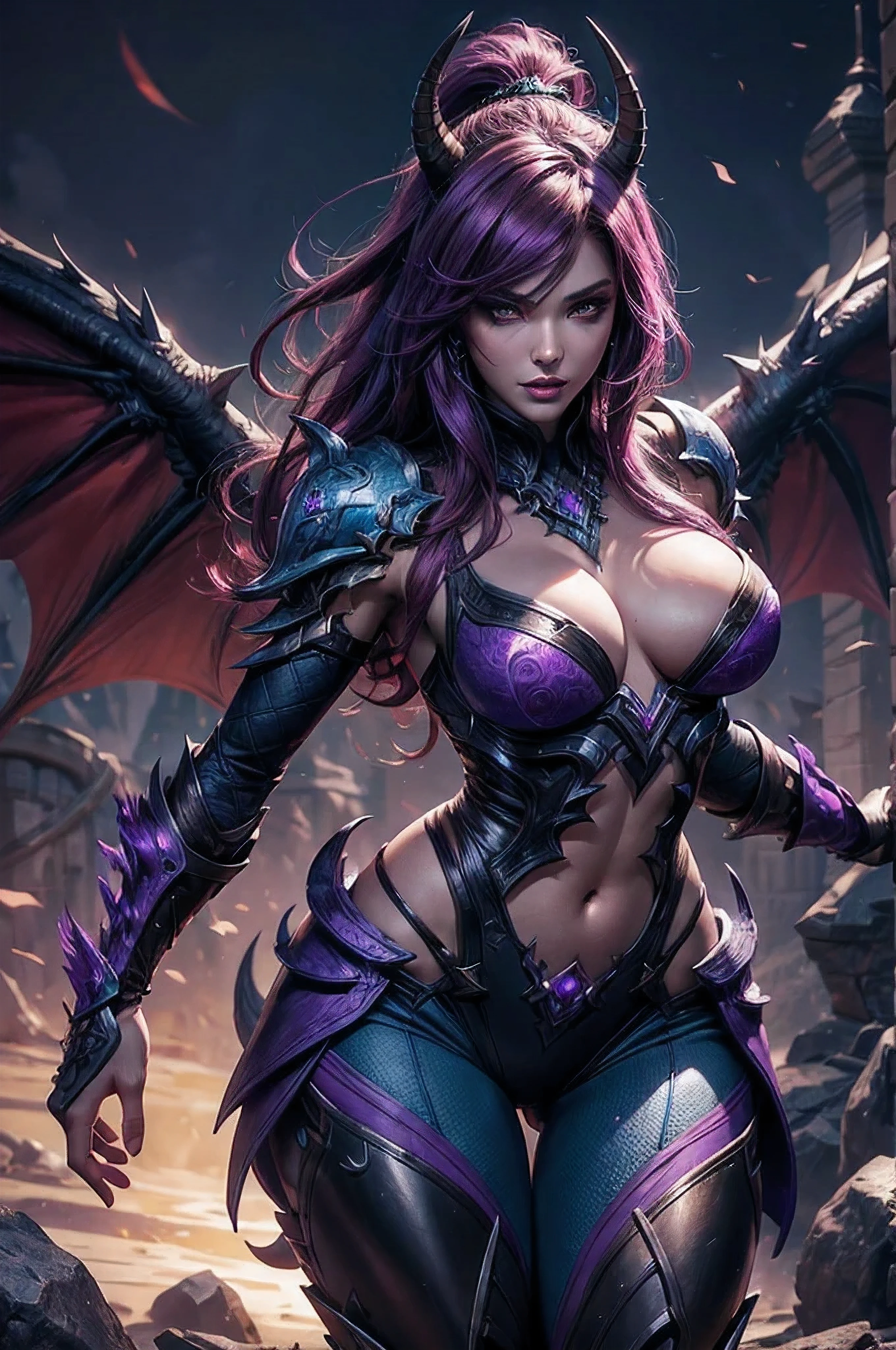 The Half Dragon Shyvana hero castle clash, Purple skin, blizzard.com, blizzard, perfect face, magic, photorealistic, high definition artwork, (highly detailed photo: 1.1), best quality, fantasy body, perfect eyes, Intricately detailed magic art, deviantart masterpiece