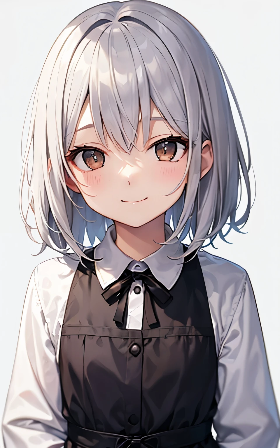 Silvery hair、medium hair、brown eyes、child服、Upper body is shown、、plain background、smile、