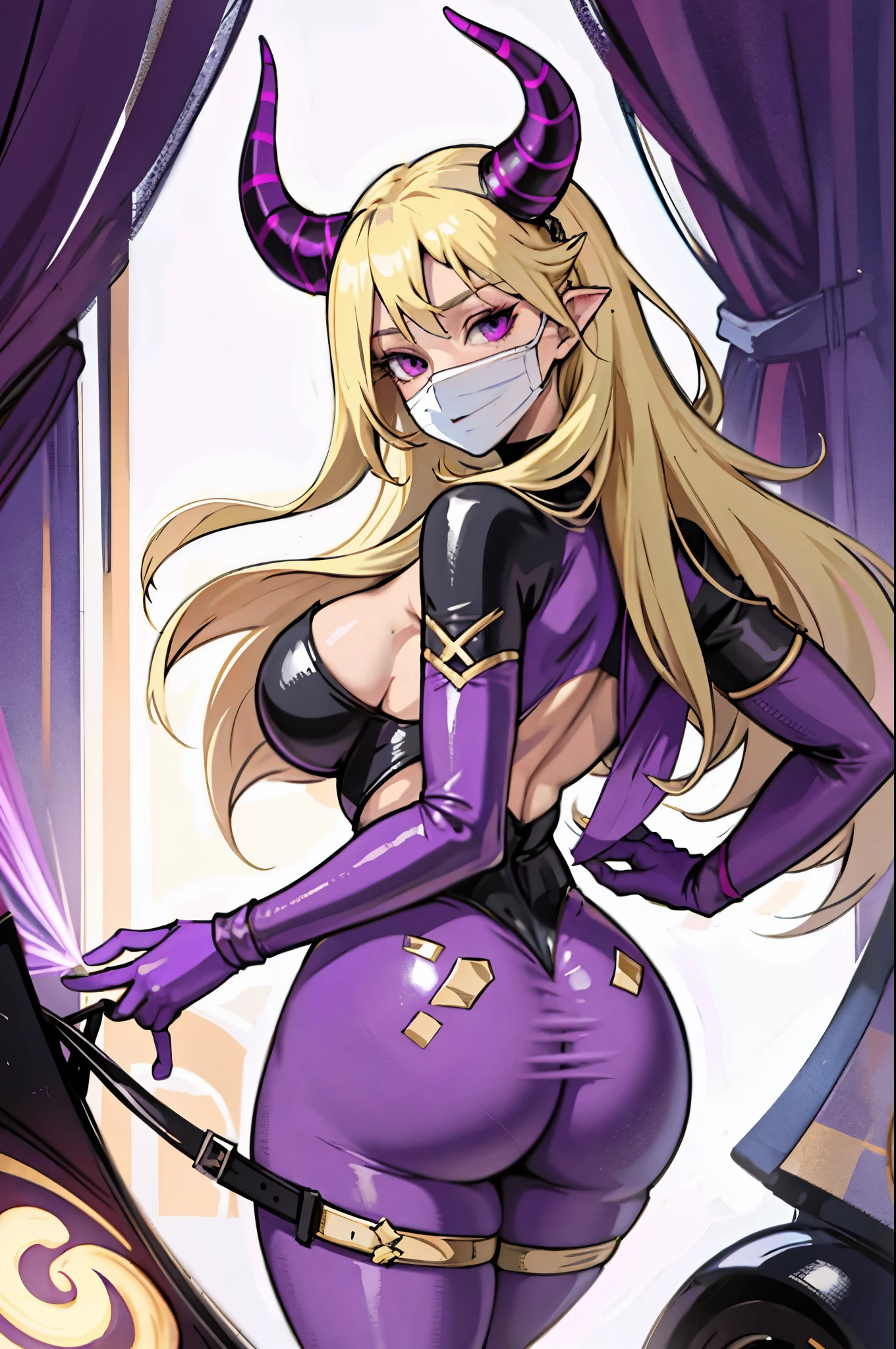 mount_lady highres 1girl ass blonde_hair bodysuit breasts covered_ eye_mask fake_horns horns impossible_clothes large_breasts looking_at_viewer looking_back purple_eyes purple_horns skin_tight solo superhero thighs torn_clothes