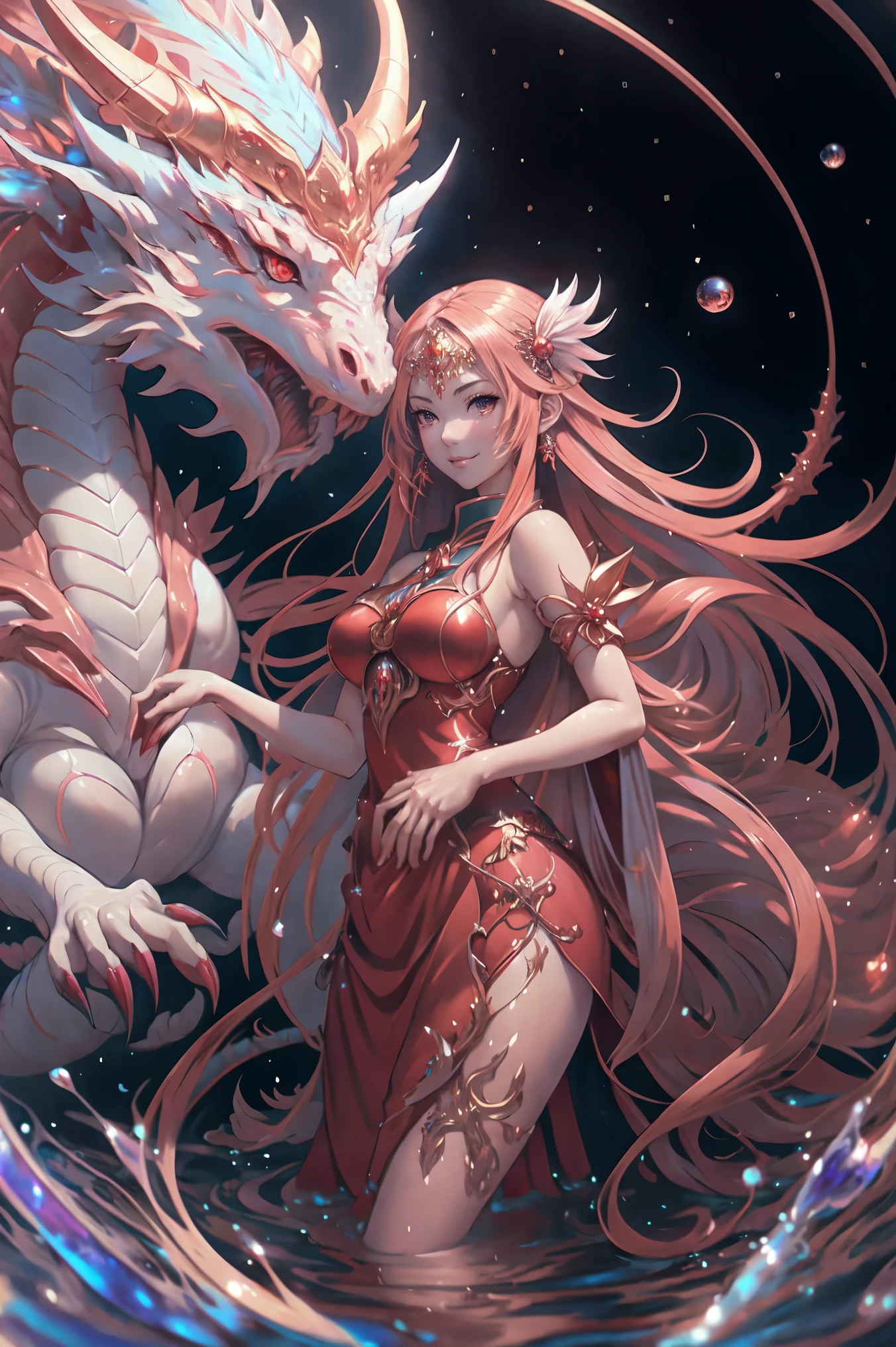 anime girl with long hair and red dress standing in water with a large dragon, anime art wallpaper 4k, anime art wallpaper 4 k, anime art wallpaper 8 k, anime fantasy artwork, 4k fantasy art, badass anime 8 k, anime epic artwork, onmyoji detailed art, anime fantasy illustration, inspired by Nōami, anime style 4 k