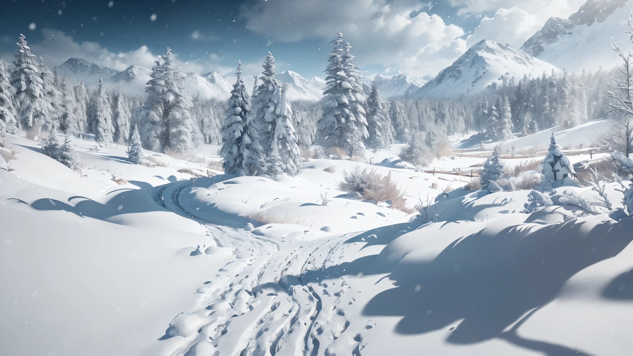 snow landscape,Back shadow,(The girl who left turned her back to the audience:1.1),中景 the scene is,独奏,(cabelos preto e longos),(without a hat),Wear a red cotton coat,Black boots,Go into the distance,Heavy snowfall,Roads to distant places,Trees wither in winter,blanketed in a mantle of snow,Winter tones,somber mood,The vista is a mountain,(Snowflakes drift in the endless sky),8k wallpaper,cinema4d,Cinematic lighting effects,light and shadow effect,Tyndall,rendering by octane,White balance,Unreal 5,Extremely detailed picture,light particules,depth of fields,tmasterpiece,realisticlying