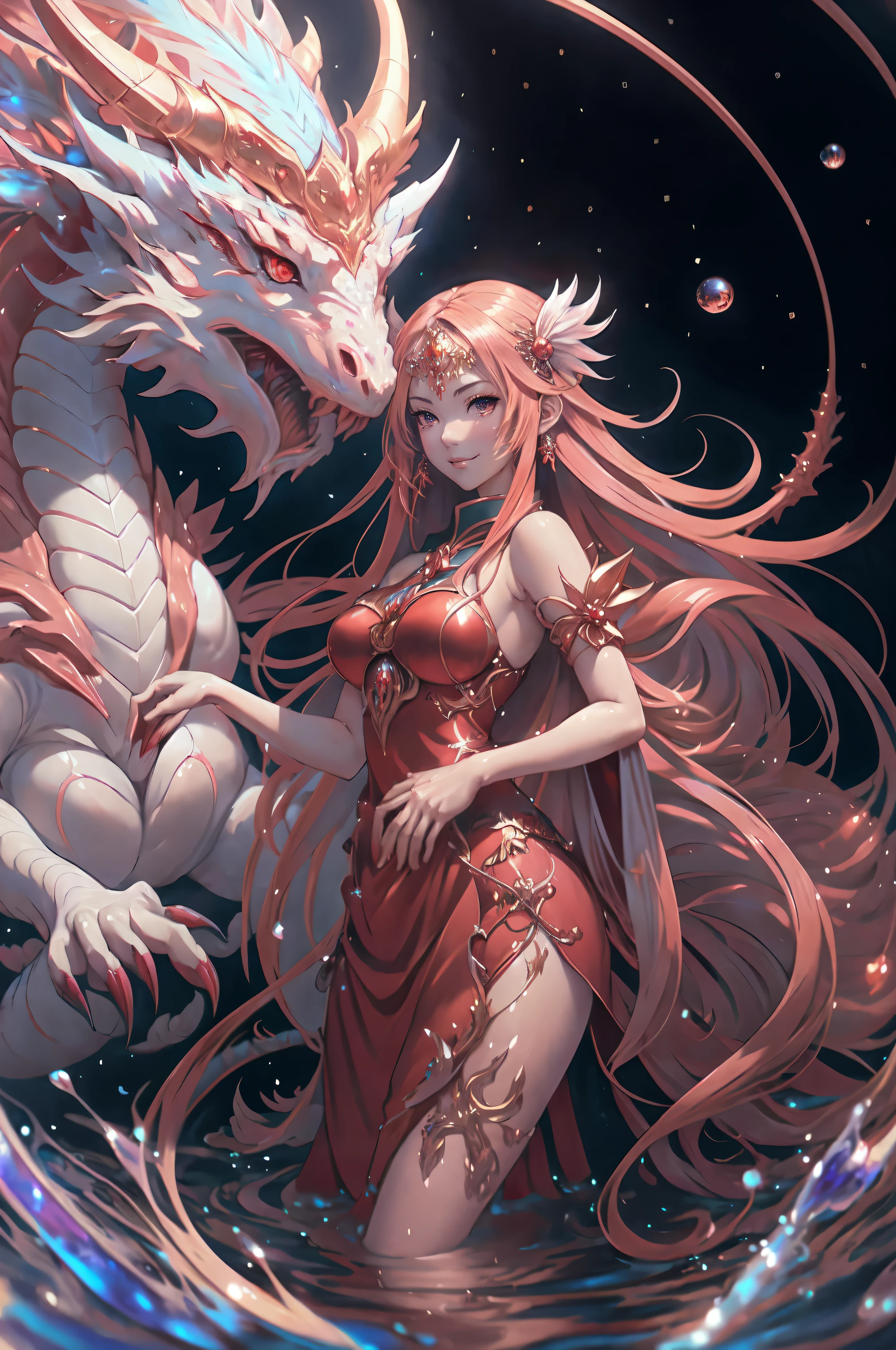 anime girl with long hair and red dress standing in water with a large dragon, anime art wallpaper 4k, anime art wallpaper 4 k, anime art wallpaper 8 k, anime fantasy artwork, 4k fantasy art, badass anime 8 k, anime epic artwork, onmyoji detailed art, anime fantasy illustration, inspired by Nōami, anime style 4 k